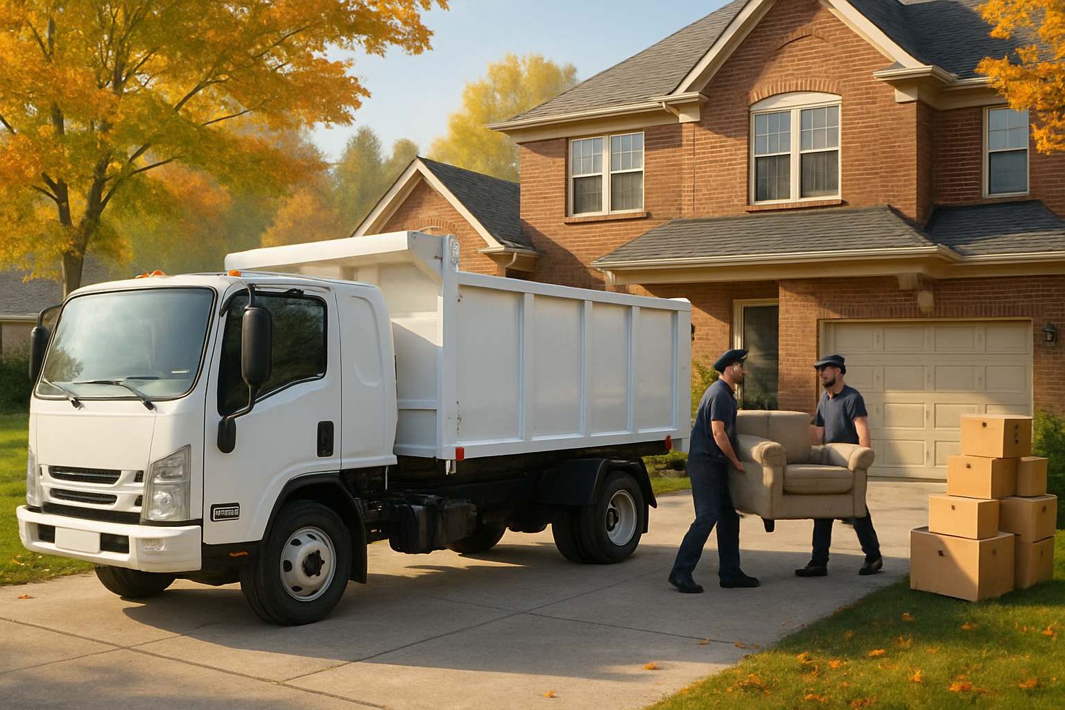 A clean Haulstr junk removal truck parked in a Carmel, Indiana suburban driveway on a crisp September morning, with movers carrying an old couch from a two-story brick home, early fall leaves starting to turn, soft golden sunlight, and neatly stacked moving boxes near the garage