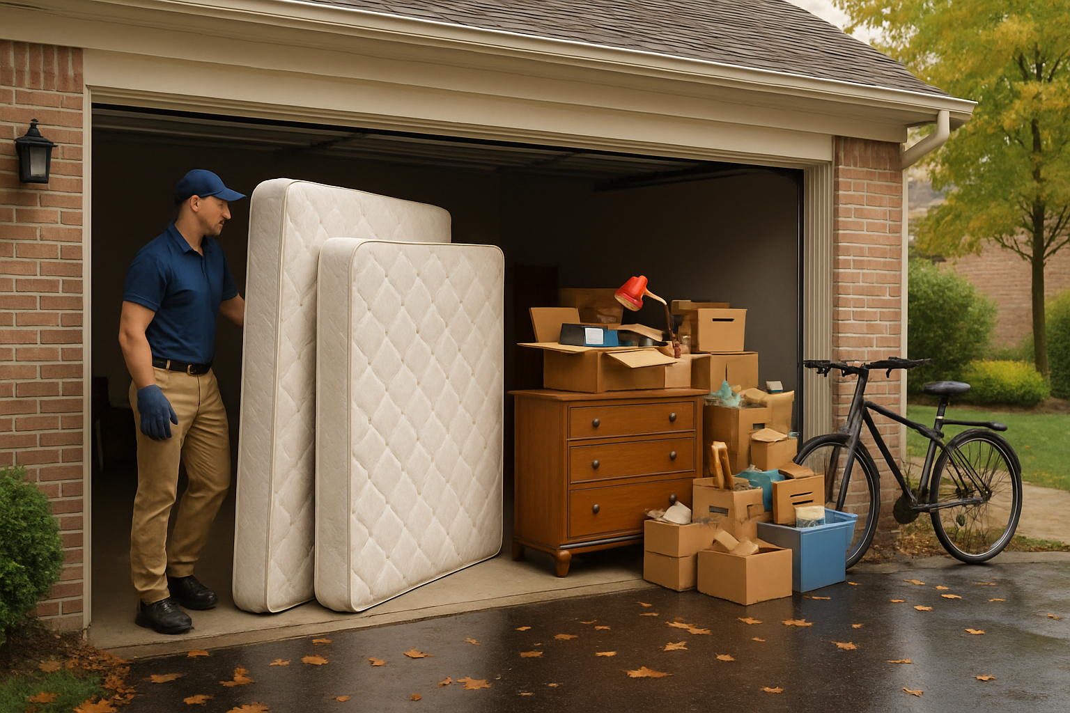 A neat garage cleanout scene in Carmel, Indiana during September, showing old mattresses, a wooden dresser, boxes of household clutter, and a bicycle arranged for removal, with damp fallen leaves near the open garage door after a light rain
