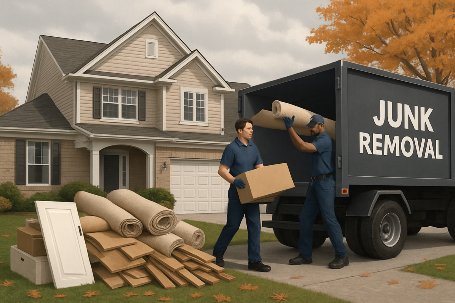 A Carmel, Indiana home exterior in early fall with a tidy pile of renovation debris including old cabinet doors, rolled carpet, cardboard, and scrap wood being loaded into a junk removal truck, cloudy September sky, maple leaves on the lawn