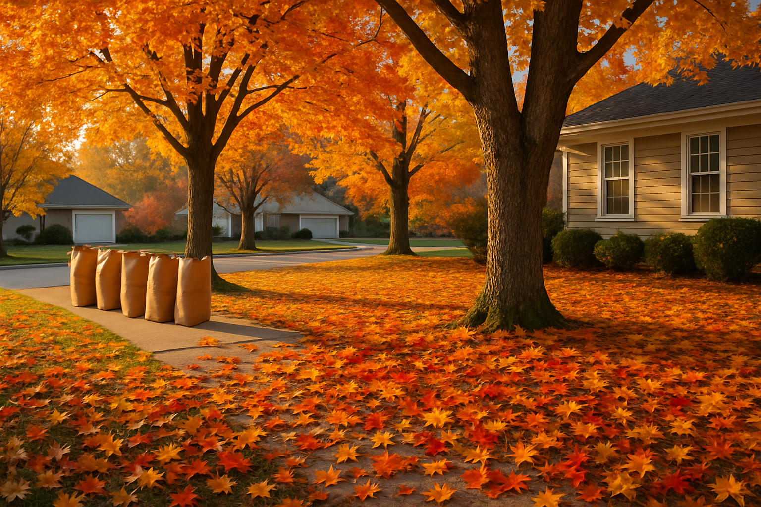 A crisp October morning in Carmel, Indiana with a suburban front yard covered in colorful red, orange, and yellow leaves, paper leaf bags lined neatly along a driveway, mature maple trees, and soft golden fall sunlight