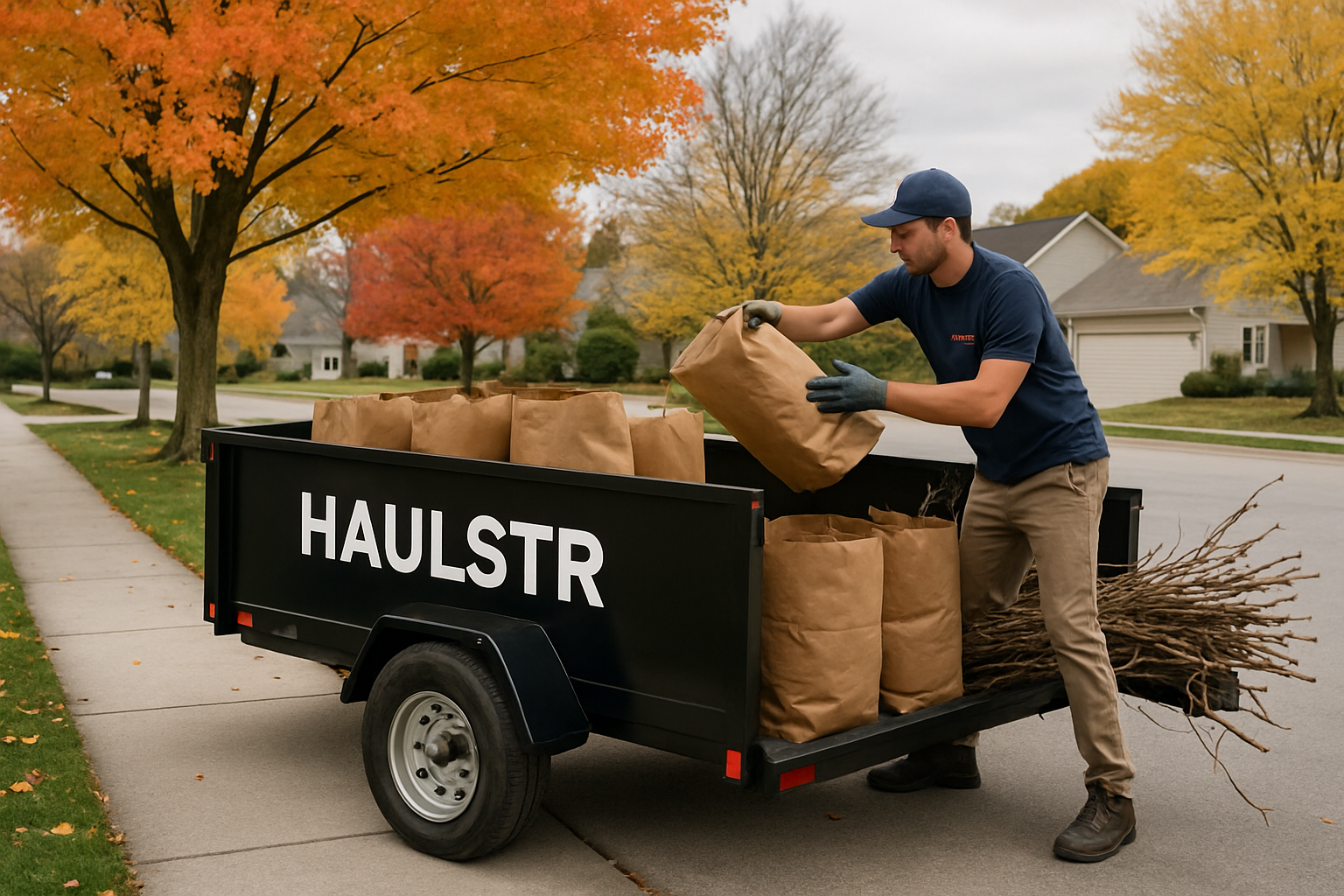 A Haulstr crew member loading brown paper leaf bags and bundled branches into a clean hauling trailer in a Carmel, Indiana neighborhood, with fall trees, a tidy sidewalk, and overcast October sky