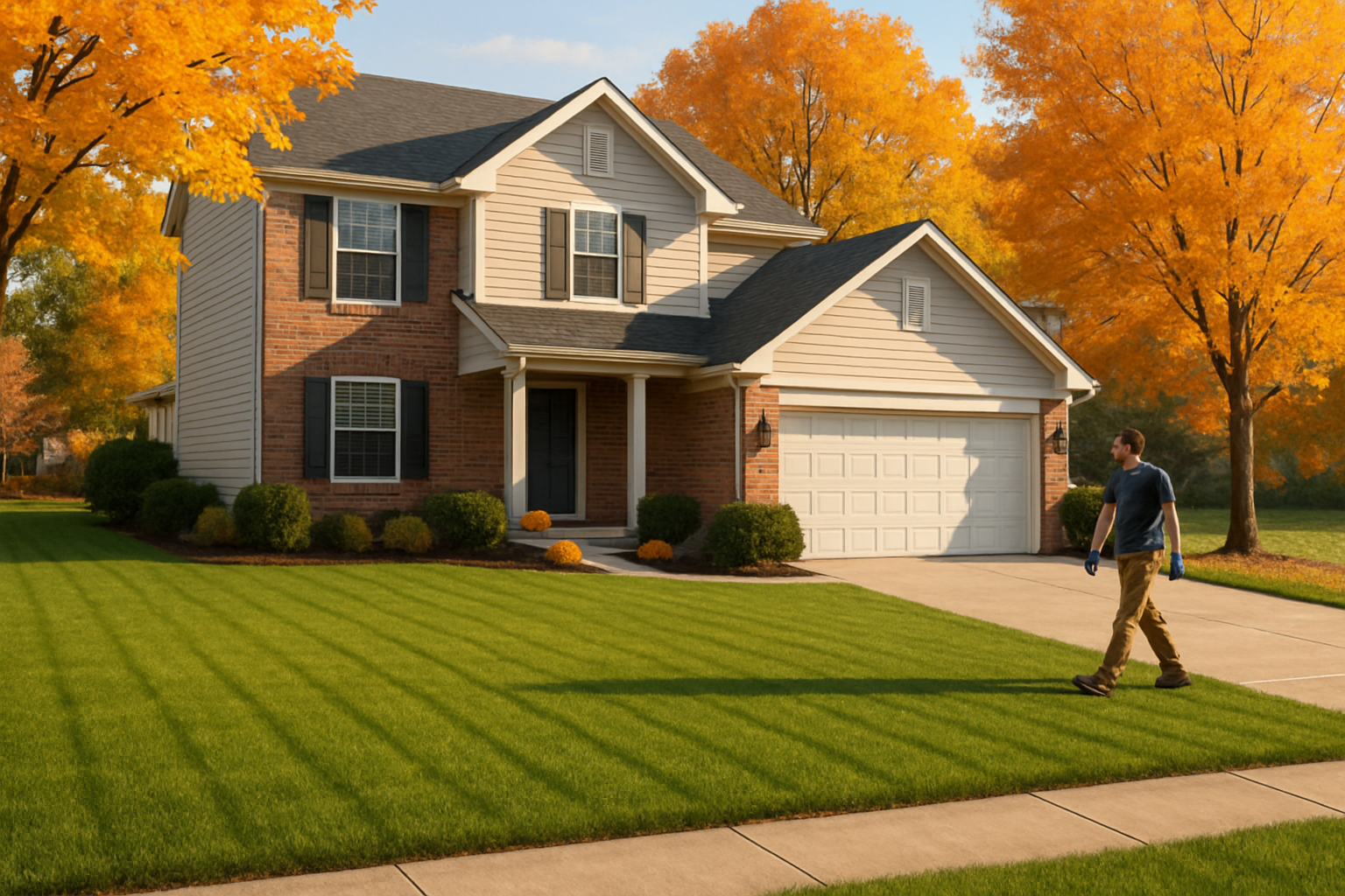 A clean Carmel, Indiana front lawn after leaf bag removal, with freshly raked grass, a cleared driveway, autumn trees in the background, decorative pumpkins near the porch, and late afternoon October light