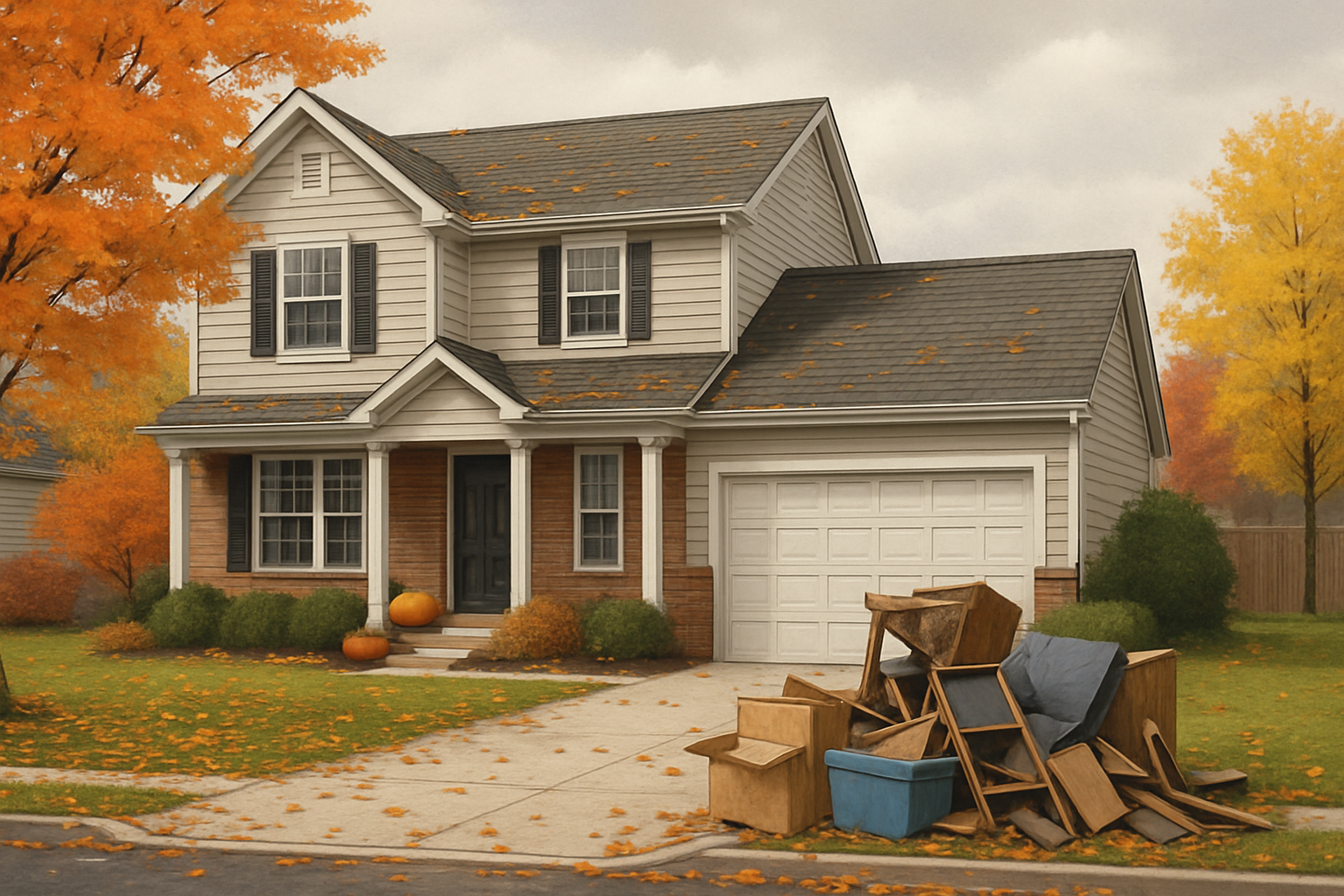 A tidy suburban home in Carmel, Indiana in October with colorful fall leaves on the lawn, pumpkins near the front porch, and a small pile of old boxes, broken outdoor furniture, and clutter ready for junk removal at the curb under an overcast autumn sky