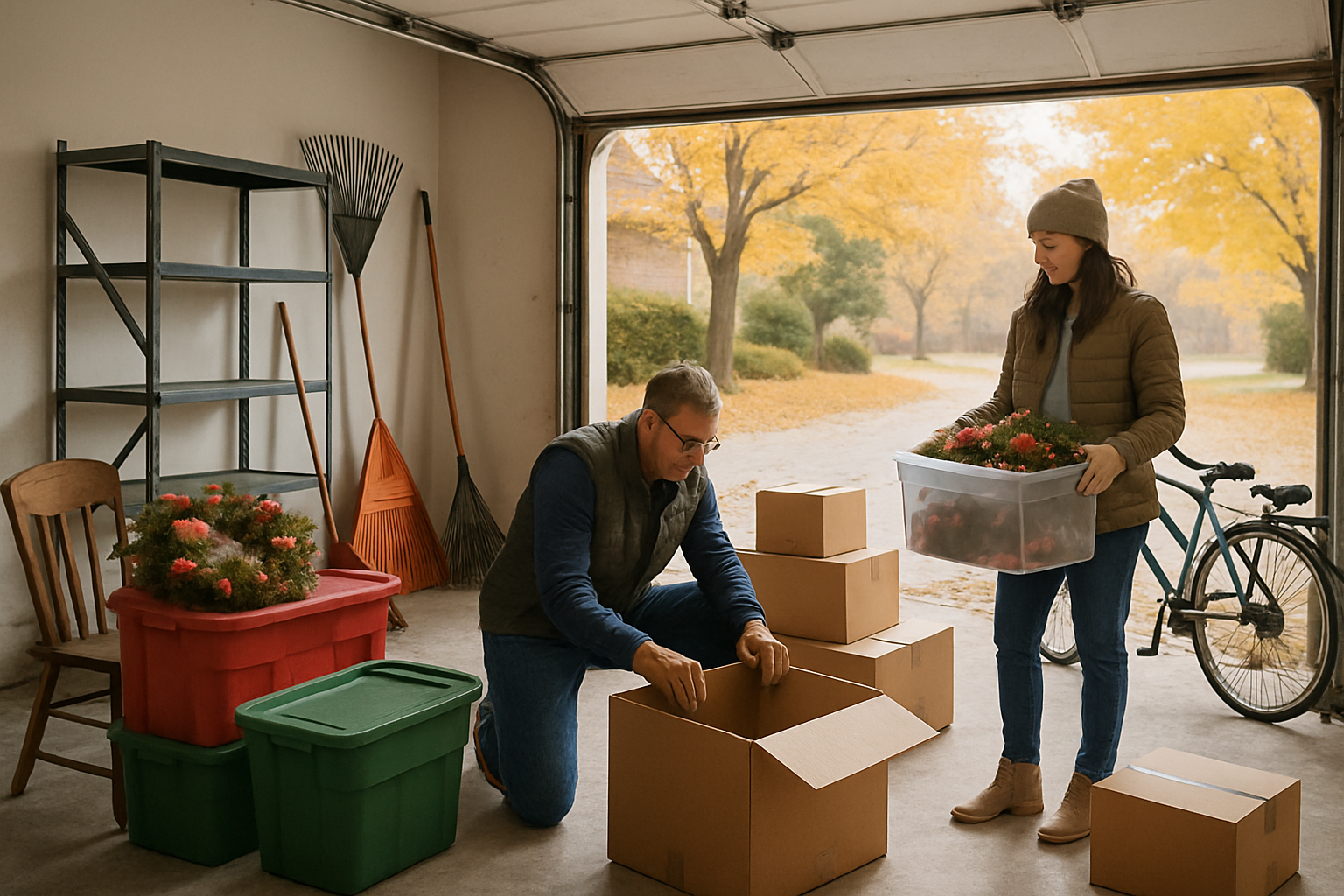 Interior of a Carmel, Indiana garage in fall with holiday decoration bins, rakes, bicycles, cardboard boxes, an old chair, and broken storage shelves being sorted on a cool October day with golden leaves visible outside the open garage door