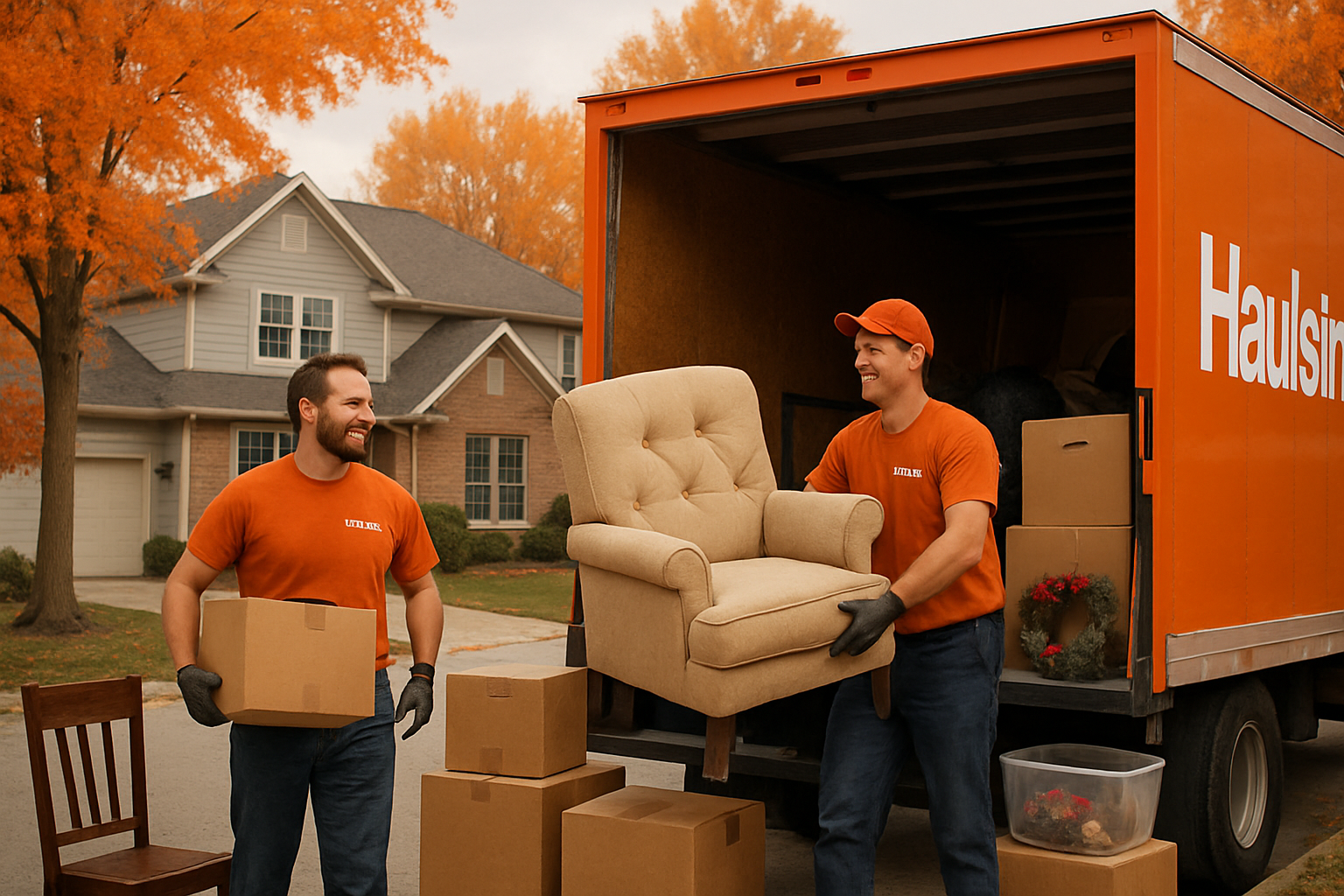 Friendly Haulstr junk removal crew loading old furniture, cardboard boxes, and worn holiday decorations into a truck outside a clean Carmel, Indiana home surrounded by orange and red autumn trees on a cool October afternoon