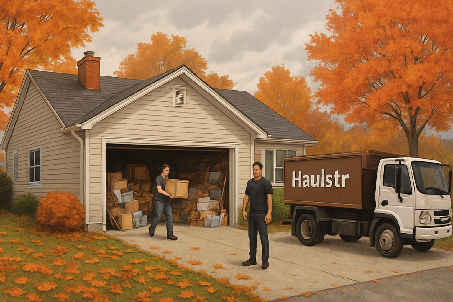 A cozy late October suburban home in Carmel Indiana with colorful autumn leaves across the lawn, a partially open garage showing neatly sorted junk piles, cloudy cool-weather sky, and a Haulstr junk removal truck parked in the driveway