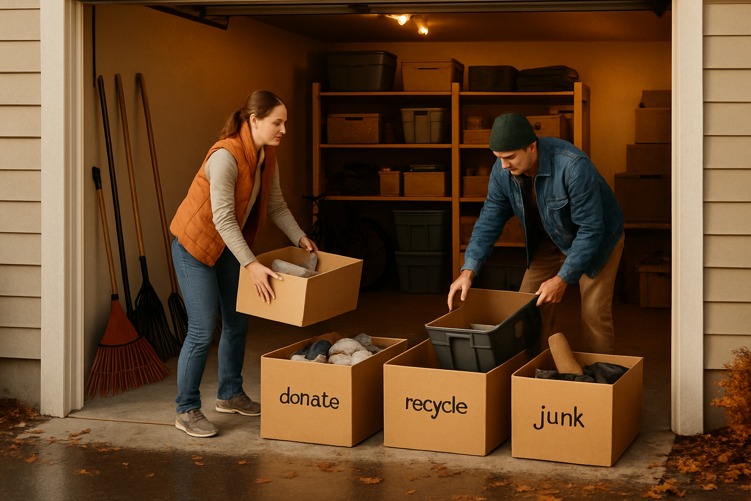 A Carmel Indiana garage in late autumn being organized, with piles labeled donate recycle and junk, rakes and snow shovels leaning against the wall, wet leaves visible near the driveway, and warm interior garage lighting