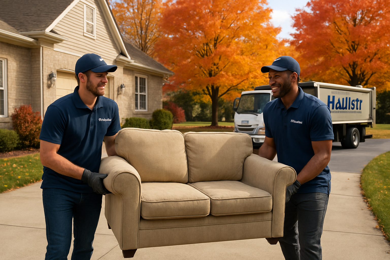 Two friendly Haulstr team members in branded work shirts carrying an old sofa from a Carmel Indiana home during a crisp October afternoon, colorful maple trees in the background, clean driveway, professional junk removal truck nearby