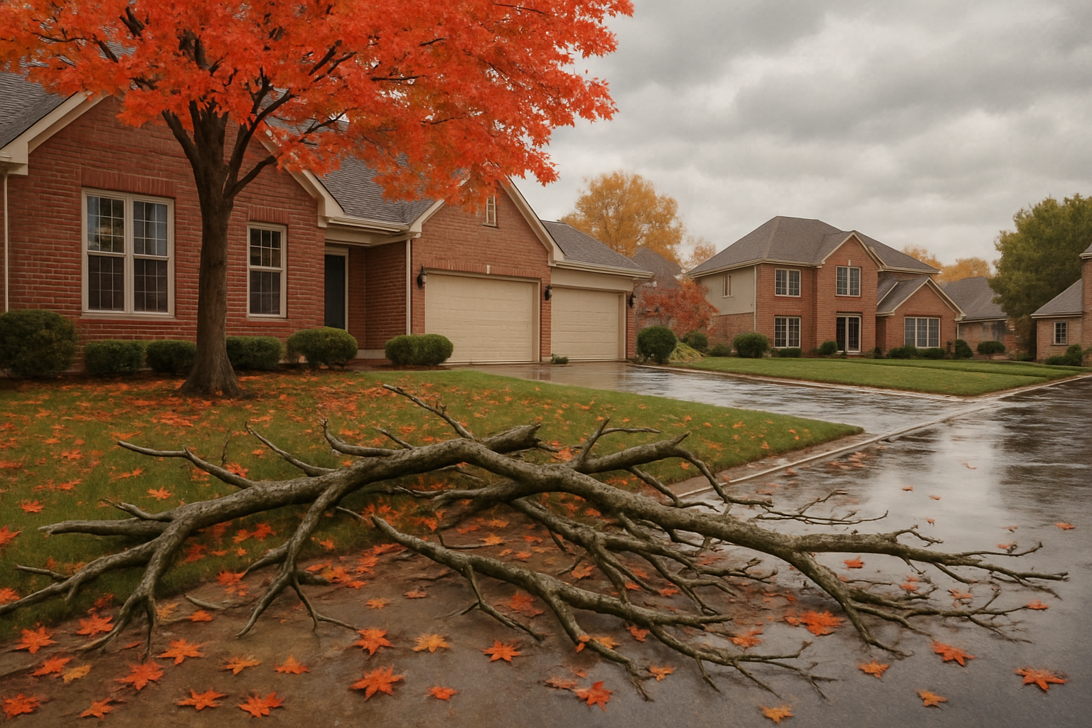 A Carmel, Indiana suburban front yard in October after a windy storm, with colorful red and orange maple leaves scattered across the lawn, several fallen tree branches near the driveway, damp pavement, cloudy fall sky, and tidy brick homes in the background