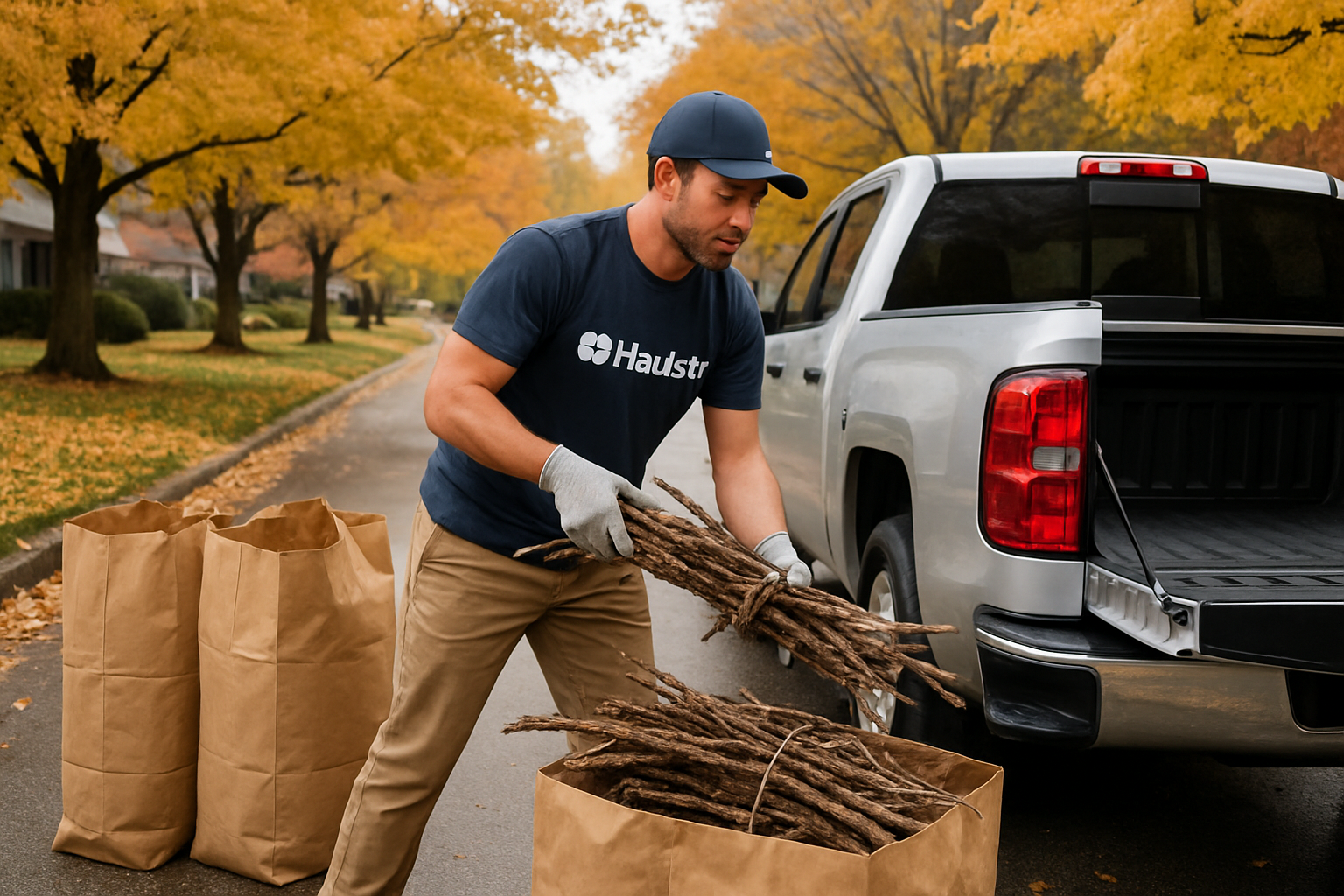 A Haulstr crew member in work gloves loading bundled branches and brown paper yard waste bags into a clean pickup truck on a tree-lined Carmel neighborhood street in autumn, with golden leaves, damp curbside pavement, and overcast October light