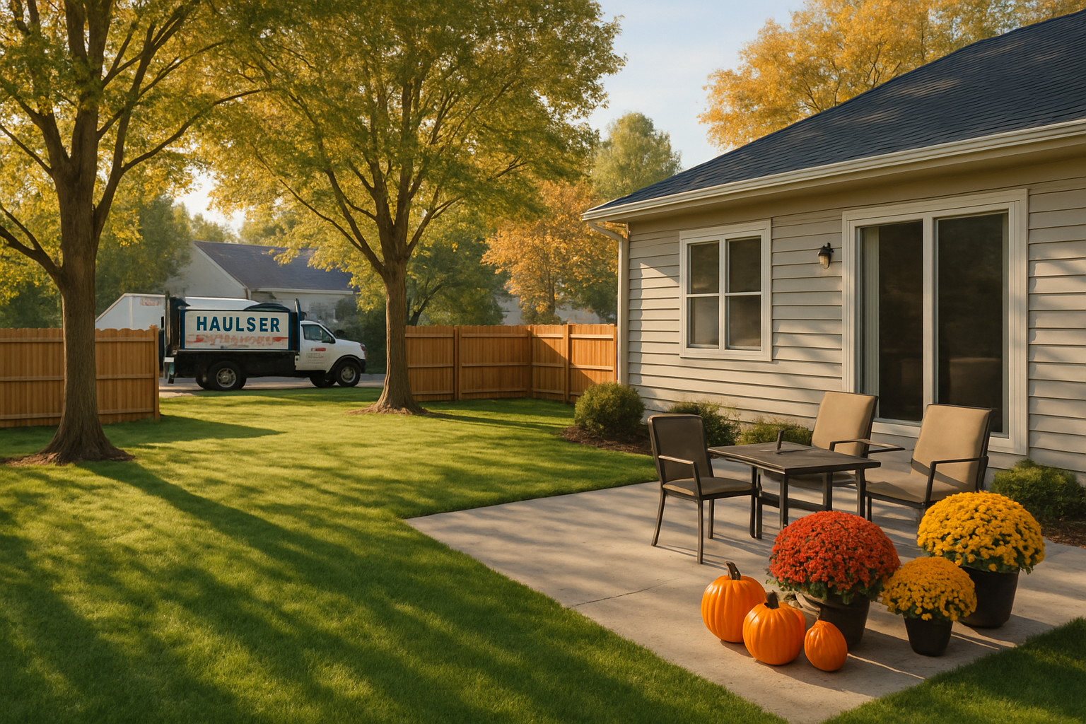 A clean Carmel, Indiana backyard after storm debris removal in October, with freshly cleared grass, neatly trimmed trees, a tidy patio with fall pumpkins and mums, warm afternoon light, and a Haulstr truck parked discreetly in the driveway