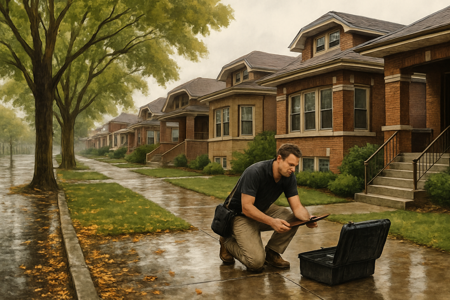 A Chicago residential street in September after a late summer rainstorm, with wet pavement, brick bungalows, mature trees, fallen leaves beginning to collect near the curb, and a home inspector preparing equipment near a front walkway