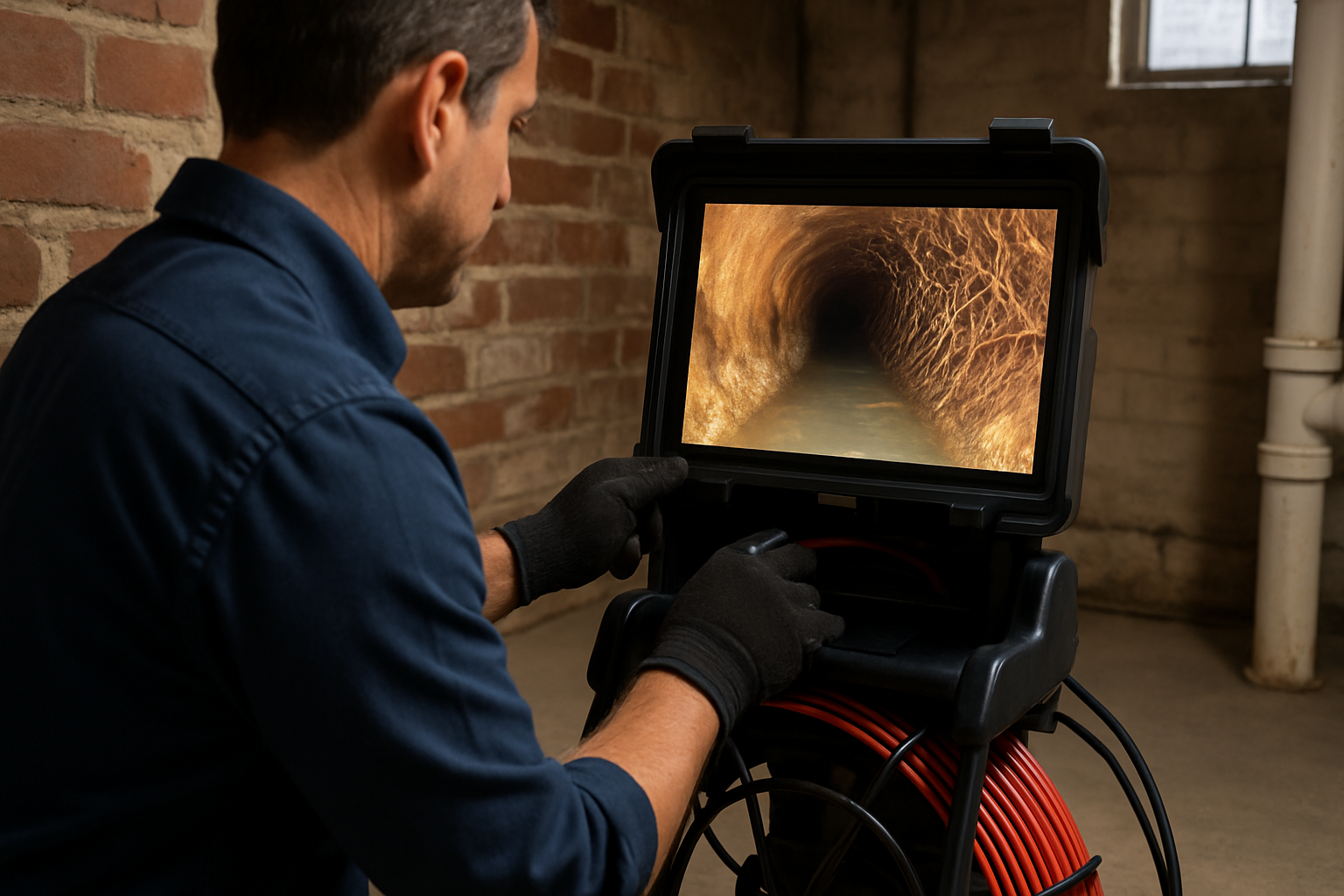 Close-up of a sewer scope camera monitor showing the inside of an underground pipe with visible tree roots and standing water, with a home inspector wearing gloves operating the equipment in a Chicago basement