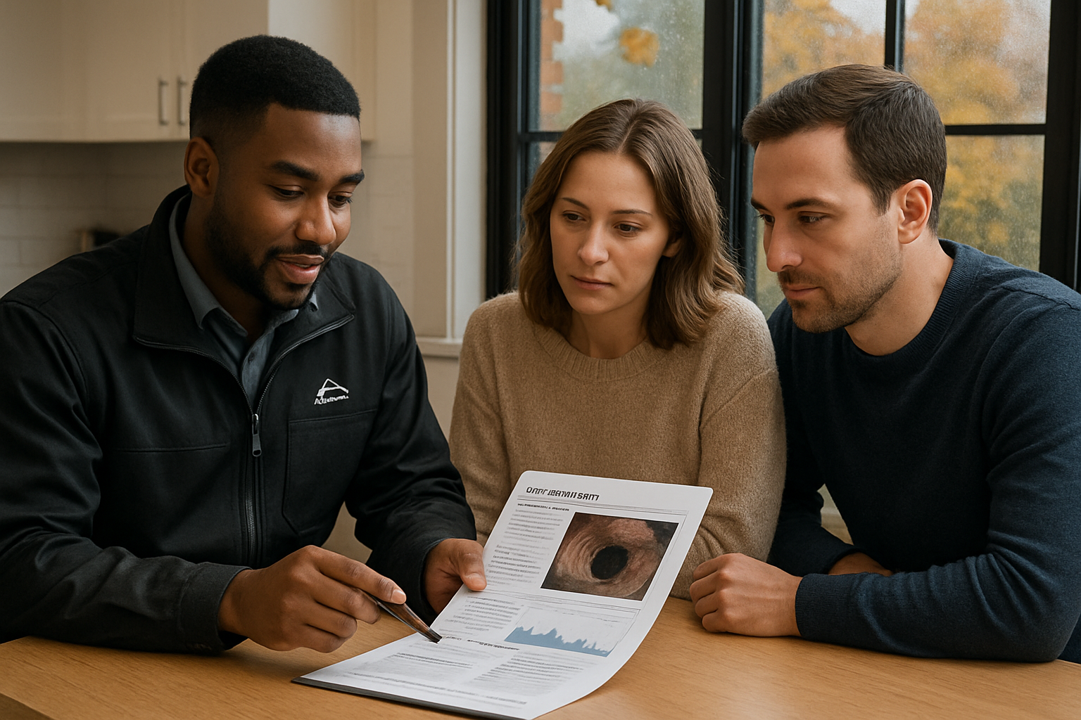 A professional home inspector from a Chicago inspection company reviewing a sewer scope report with a couple at a kitchen table, with rain-damp windows and early fall leaves visible outside