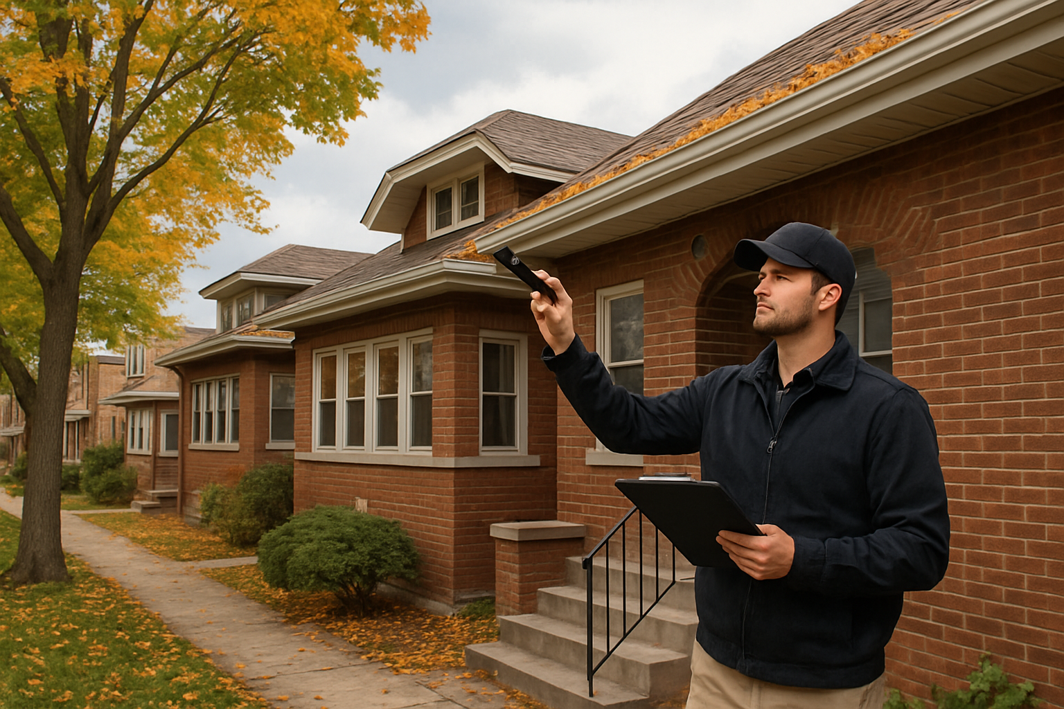A professional home inspector in Chicago examining the exterior of a brick bungalow on a cloudy September afternoon, with mature trees beginning to show early fall color, fallen leaves near the gutters, and typical Chicago residential street architecture in the background