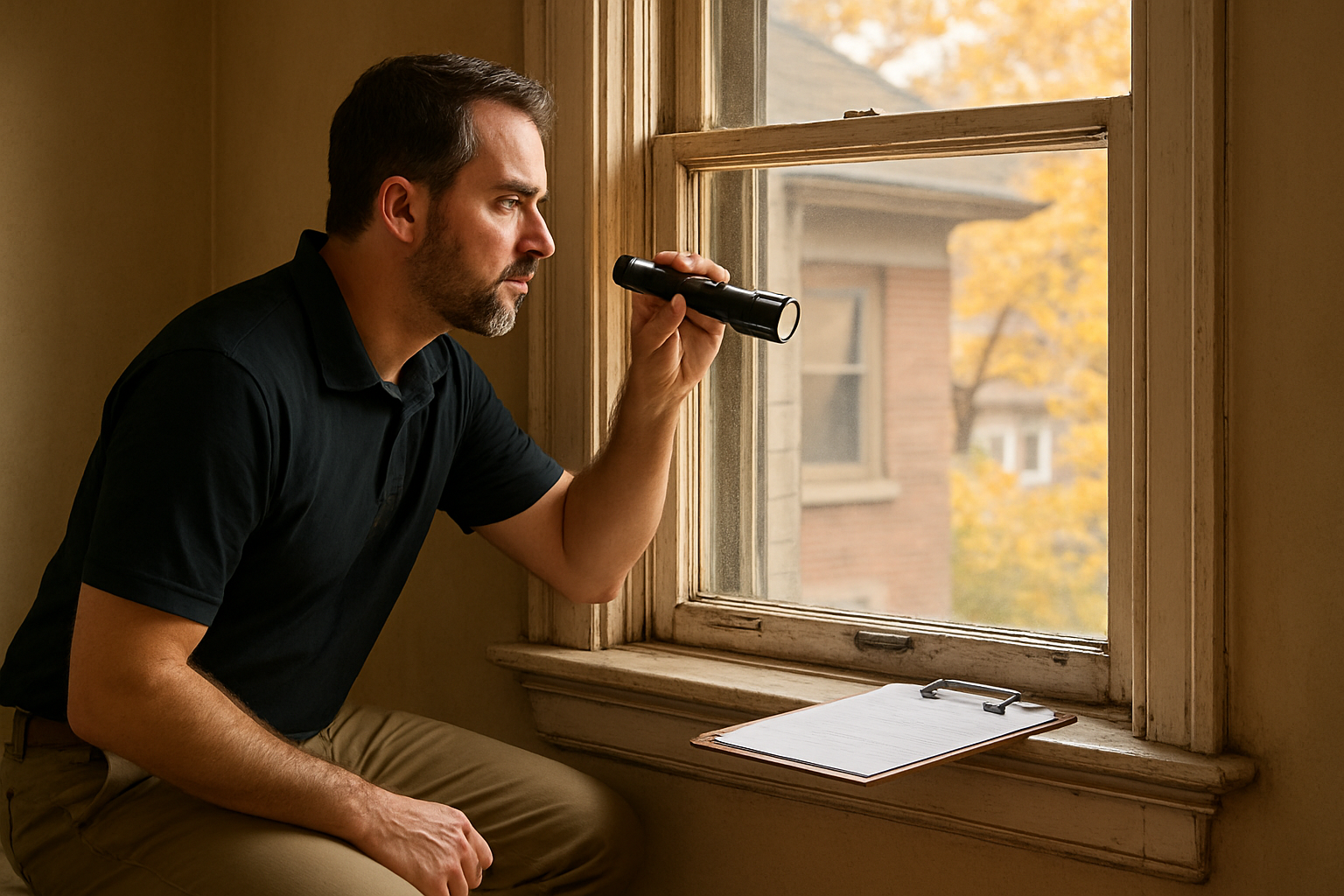 Interior view of a Chicago residential home inspection in September, with an inspector using a flashlight near a window frame, soft autumn daylight coming through the glass, a clipboard on the sill, and subtle signs of older trim and weatherization details