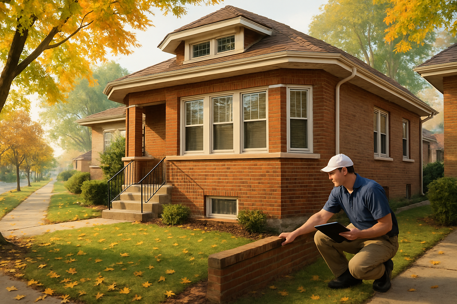 A Chicago brick bungalow on a tree-lined residential street in September, with early fall leaves on the lawn, soft morning light, and a home inspector examining the exterior foundation and brickwork with a clipboard