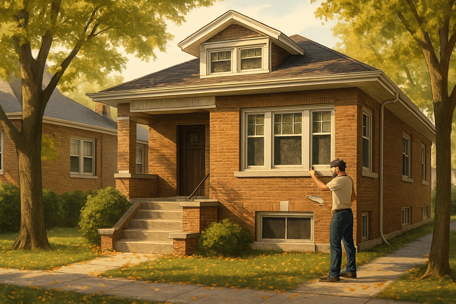 A classic older Chicago brick bungalow on a tree-lined residential street in early September, with golden afternoon sunlight, fallen leaves beginning to collect near the front steps, and a home inspector examining the exterior brickwork and windows
