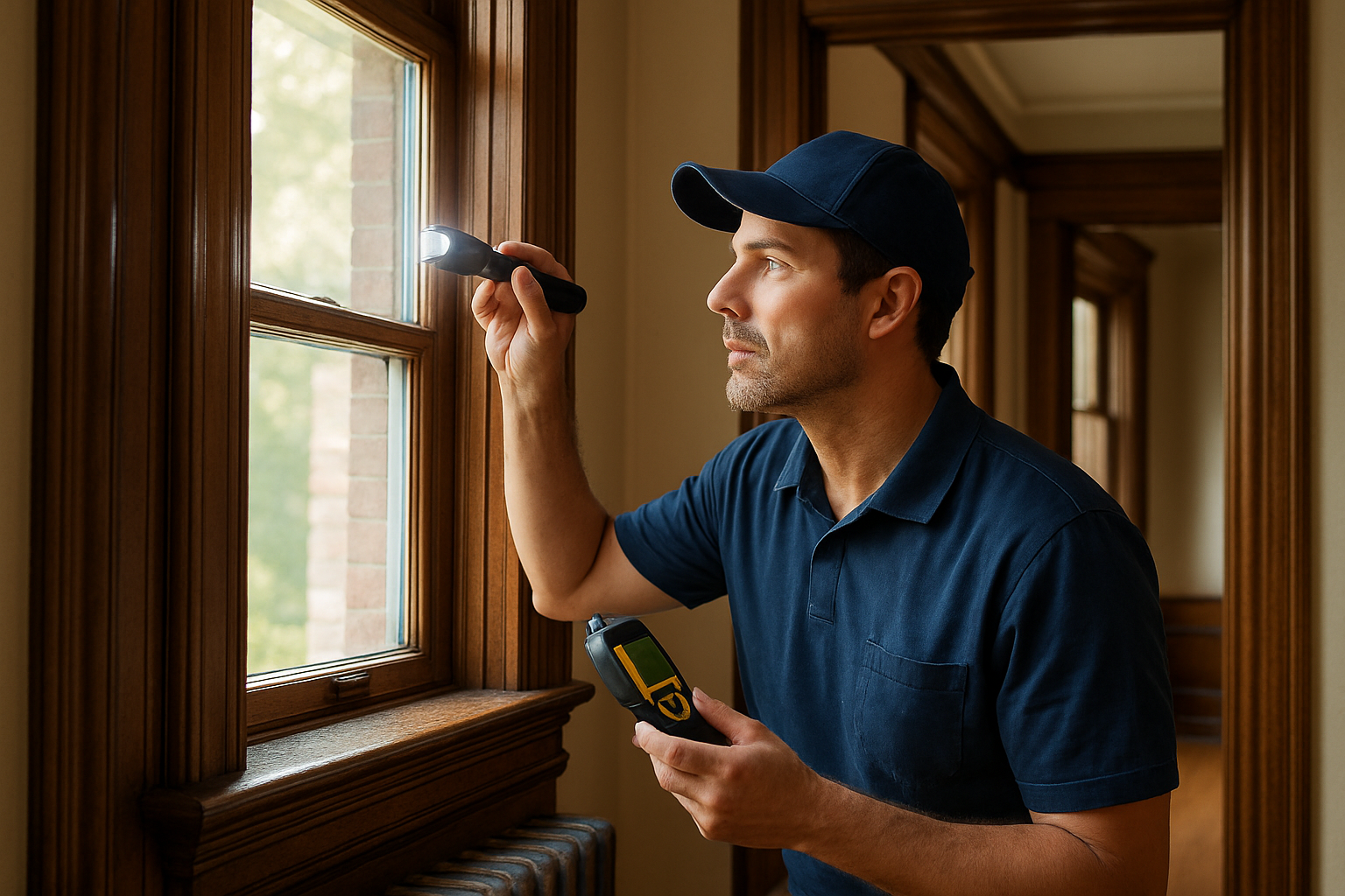 Interior of an older Chicago home with original wood trim and tall windows, soft September daylight coming through, a home inspector using a flashlight and moisture meter near a window frame while checking for drafts, staining, and condensation