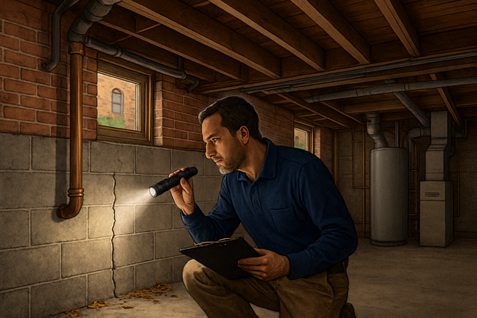 Unfinished basement of an older Chicago brick home in September, with exposed joists, masonry foundation walls, a home inspector checking a small foundation crack with a flashlight, and visible utility pipes and heating equipment in the background
