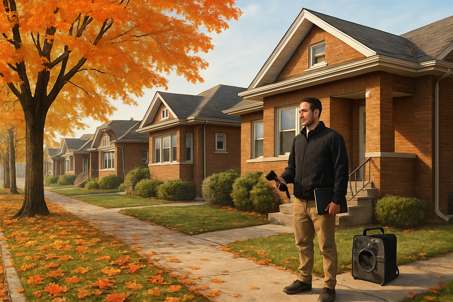 A crisp October morning in a mature Chicago neighborhood with brick bungalows, colorful fall leaves on the parkway, a home inspector standing near the front walkway with inspection equipment, and a sewer camera case beside the steps