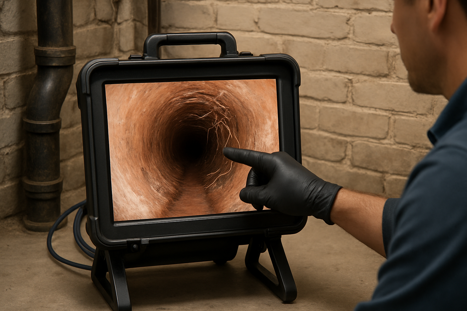 Close-up view of a sewer scope camera monitor showing the inside of an older clay sewer pipe with visible tree roots, with an inspector’s gloved hand pointing at the screen in a Chicago basement
