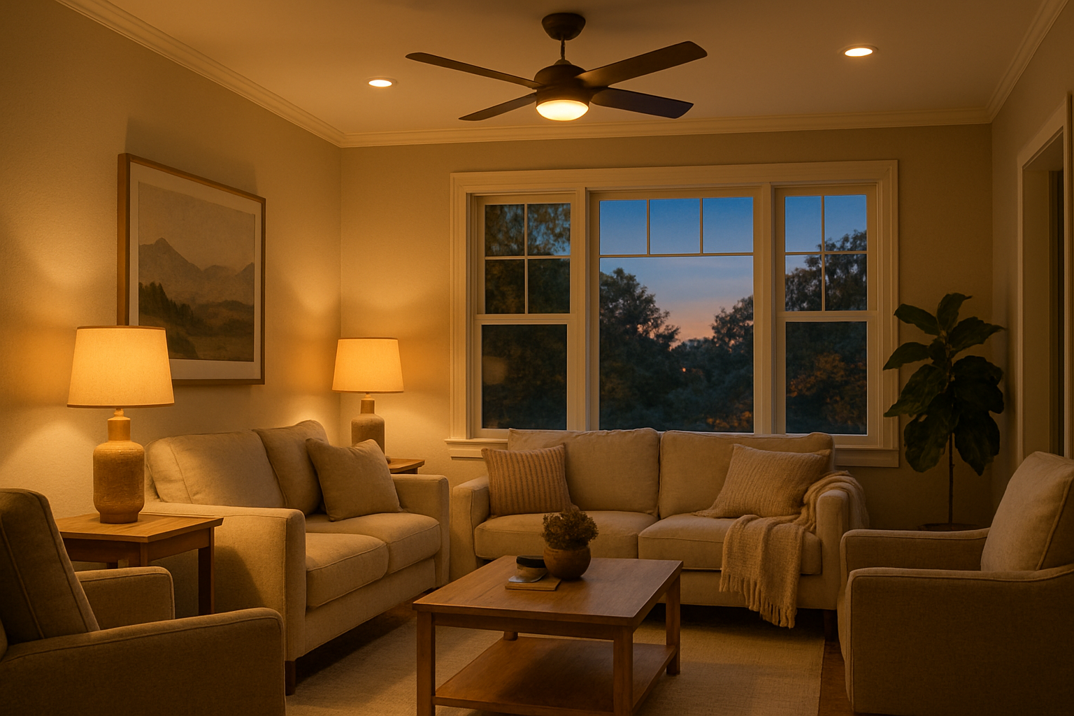 A warm and inviting Raleigh, North Carolina living room in late summer evening light, with recessed ceiling lights, a modern ceiling fan with integrated LED lighting, soft lamp glow, neutral furniture, and a view of trees through the window at dusk