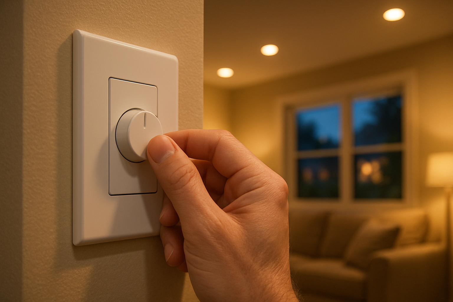 Close-up of a modern wall dimmer switch being adjusted in a Raleigh home, with soft LED recessed lighting glowing in the background, creating a cozy late summer evening atmosphere