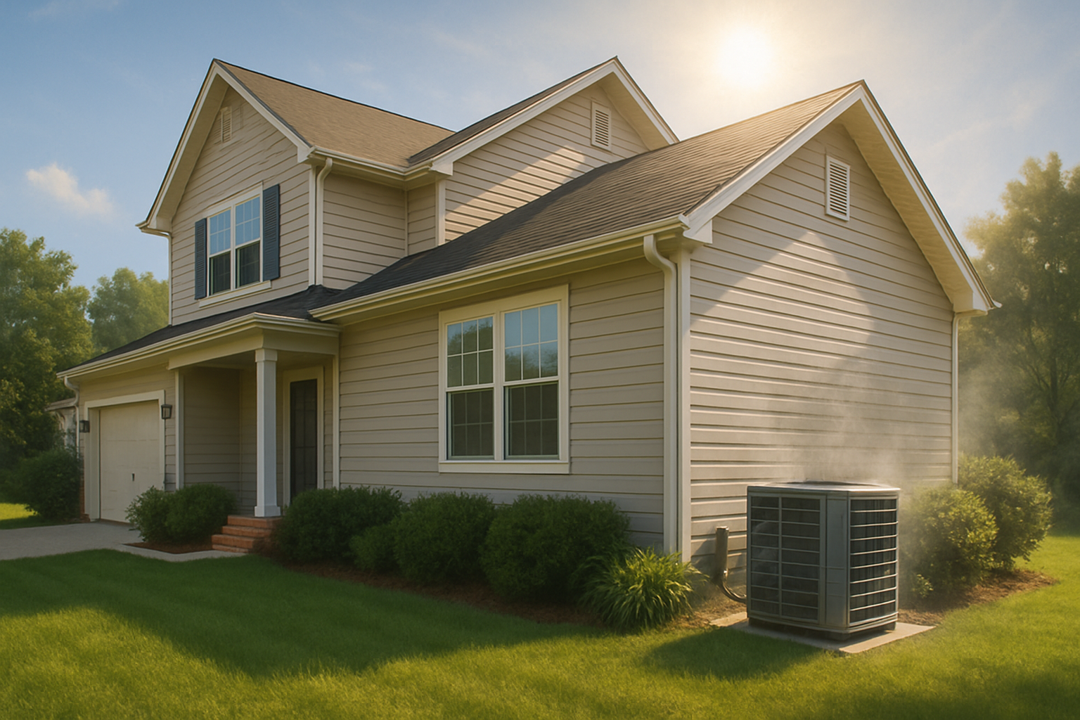 A realistic exterior view of a Raleigh, North Carolina suburban home in August with bright sun, green lawn, a central air conditioning unit running beside the house, and slight heat haze in the afternoon air