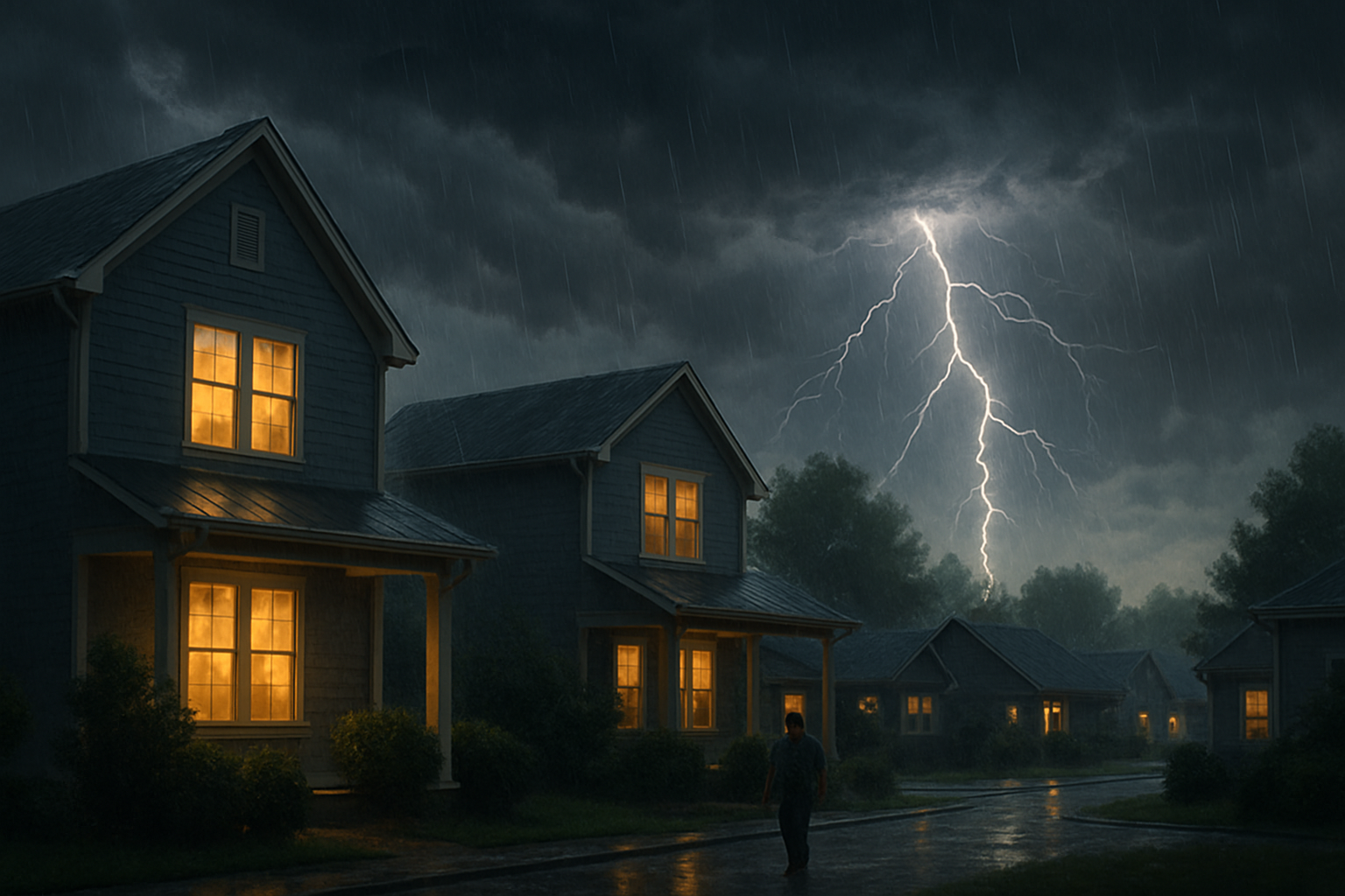 Dramatic but realistic Raleigh neighborhood during a late August thunderstorm, dark clouds overhead, rain falling on rooftops, lightning in the distance, and warm lights glowing from home windows
