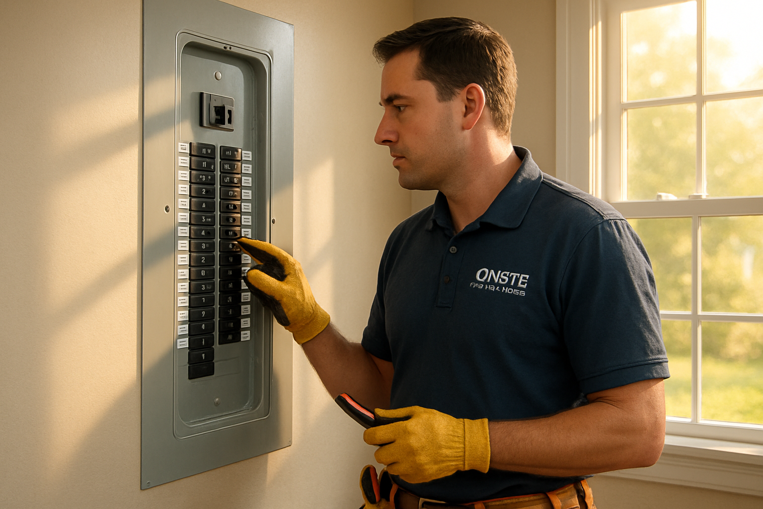 A professional electrician from Onsite Electrical Services LLC inspecting a residential electrical panel inside a clean Raleigh, North Carolina home, with labeled breakers, safety tools, and warm September daylight coming through a nearby window