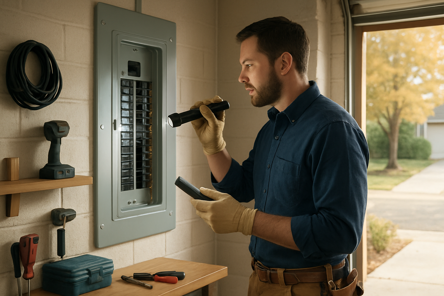 A professional electrician from a local Raleigh electrical company inspecting a residential electrical panel inside a clean garage, wearing safety gloves and using a flashlight, with organized tools nearby and soft early fall daylight coming through the open garage door