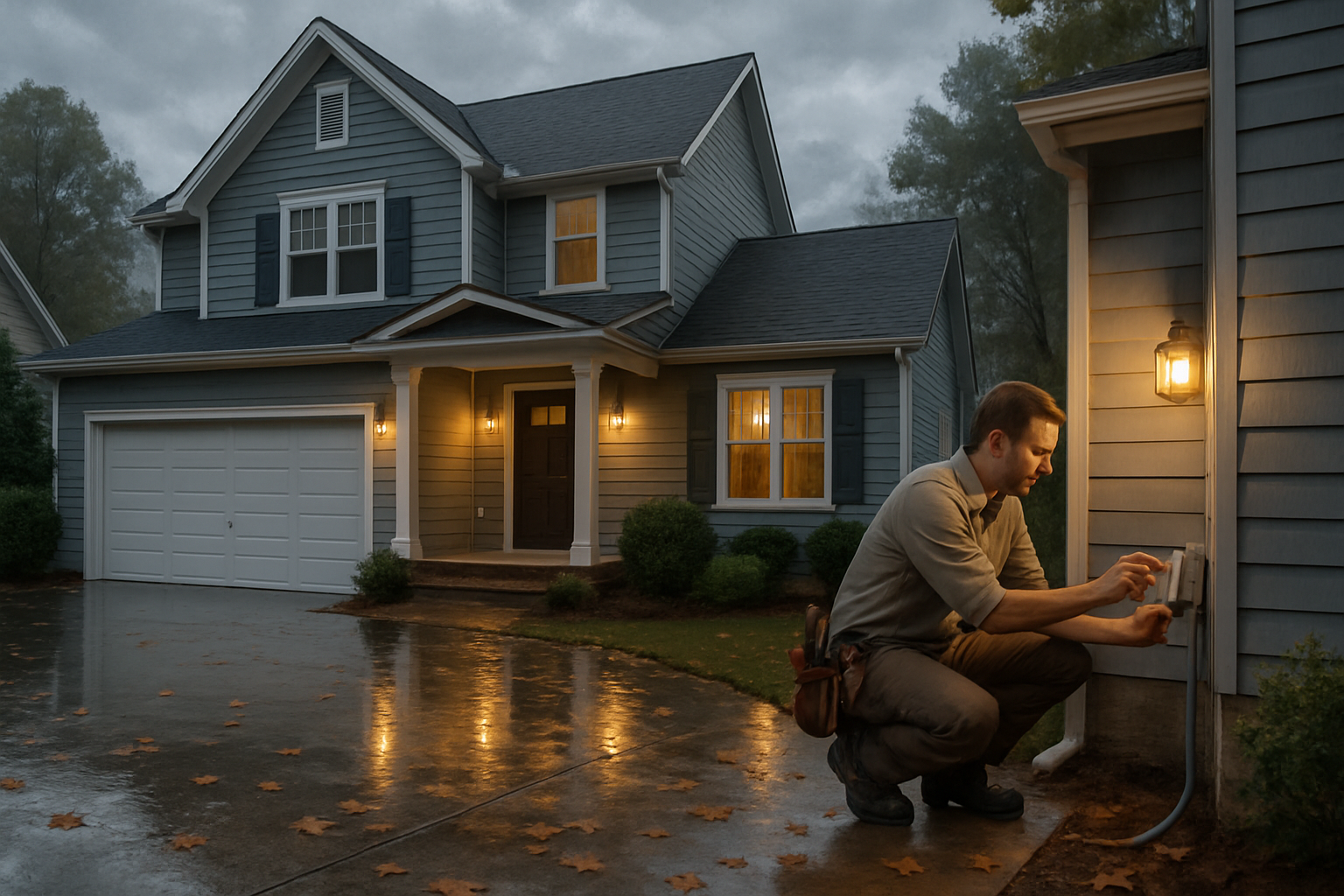 A Raleigh suburban home after a September rainstorm with wet driveway, fallen leaves, exterior porch lights on, and an electrician safely inspecting a weatherproof outdoor outlet near the front porch under cloudy skies