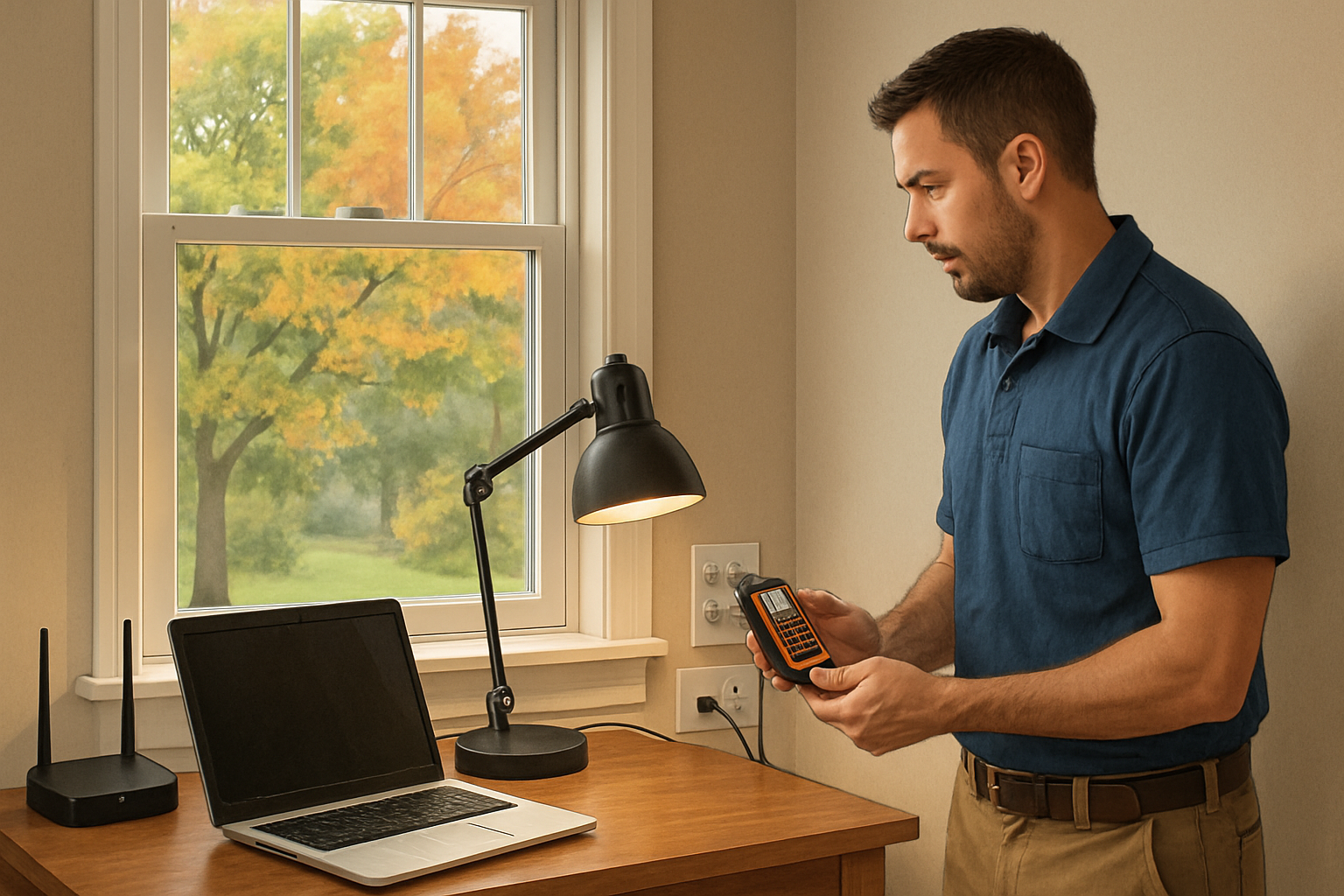 A cozy Raleigh home office in early fall with a laptop, router, desk lamp, and neatly organized outlets, while an electrician tests a wall receptacle with a digital outlet tester near a window showing green trees beginning to change color