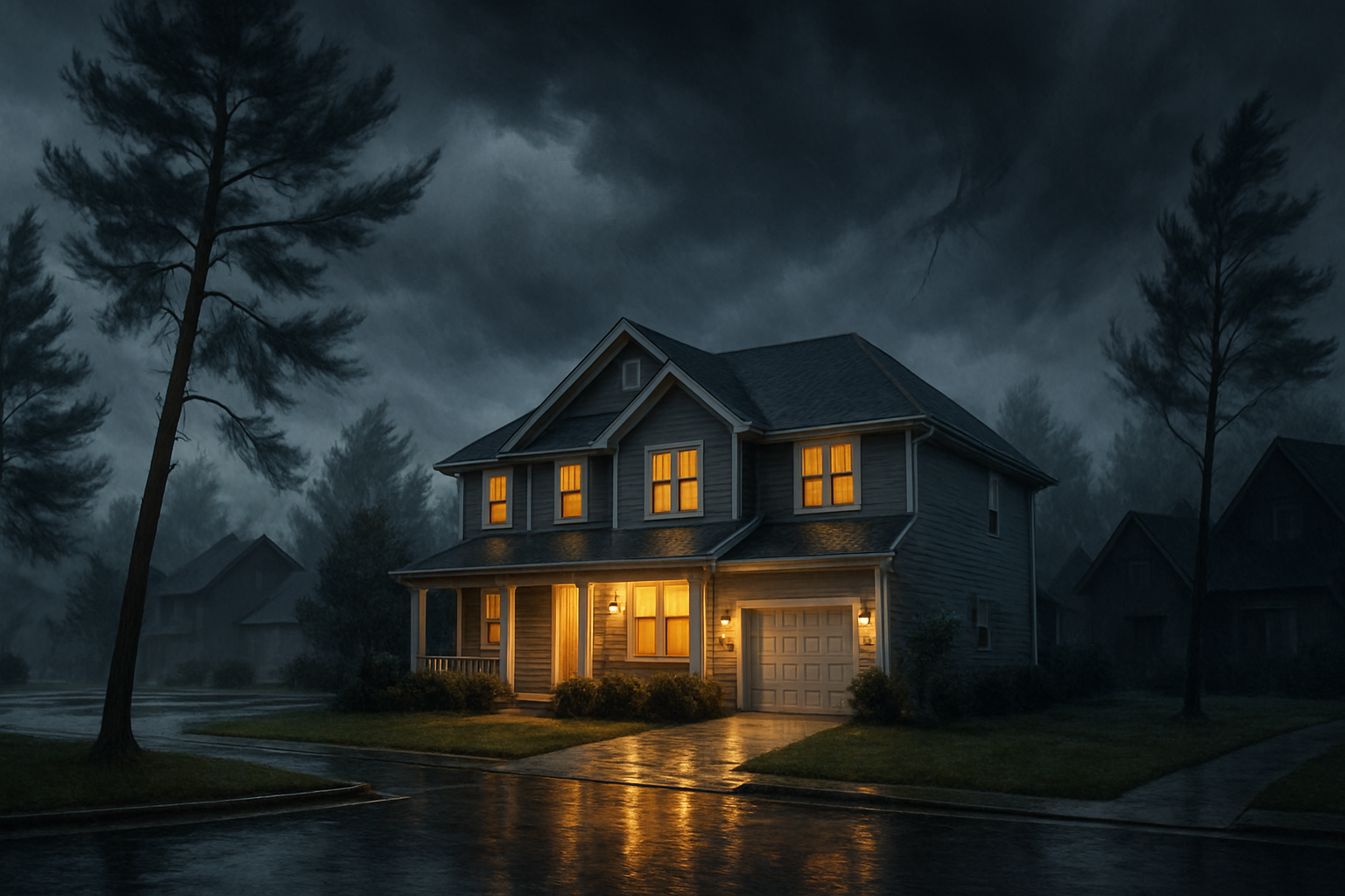 A Raleigh, North Carolina suburban home in early September under dark storm clouds, with wet pavement, swaying pine trees, and warm lights glowing from the windows while neighboring homes are dark from a power outage