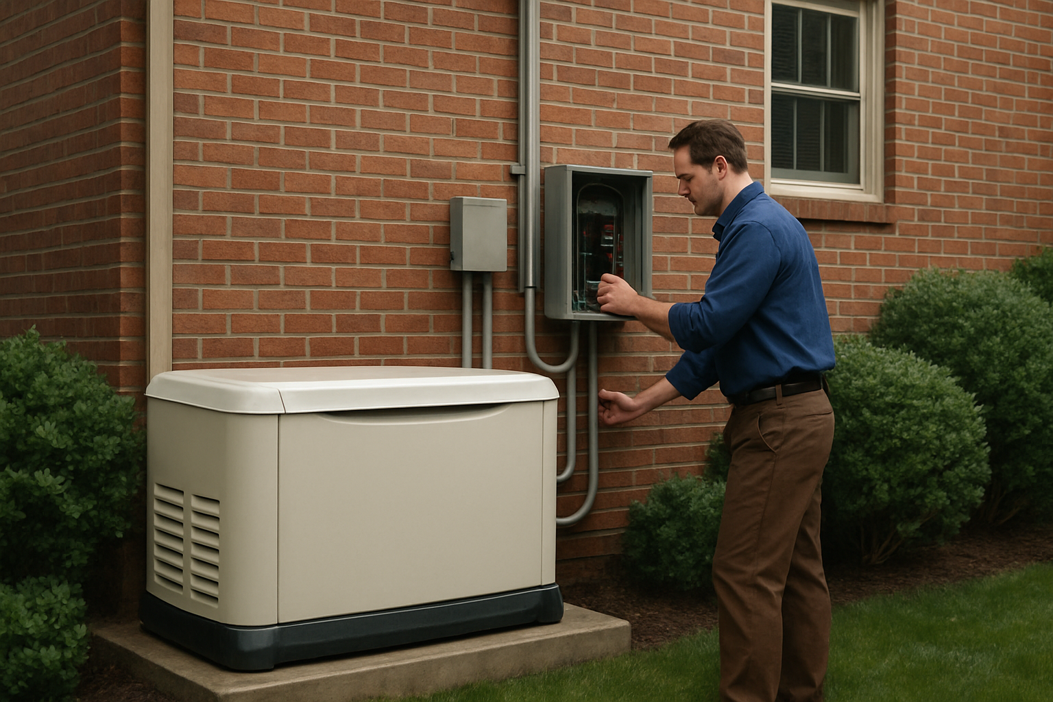 A professionally installed standby generator beside a brick Raleigh home, connected near the electrical panel with clean conduit work, surrounded by trimmed shrubs and damp grass after a September rainstorm