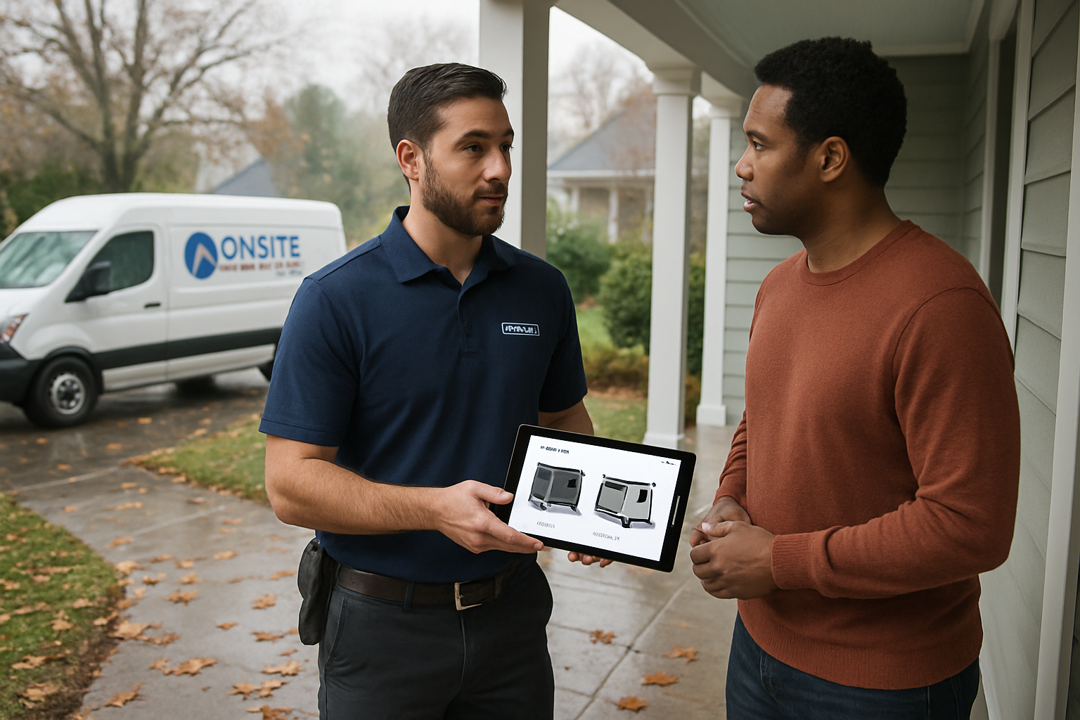 An Onsite Electrical Services LLC electrician speaking with a Raleigh homeowner on a front porch after a storm, holding a tablet with generator options displayed, with a service van in the driveway and fallen leaves on the wet walkway