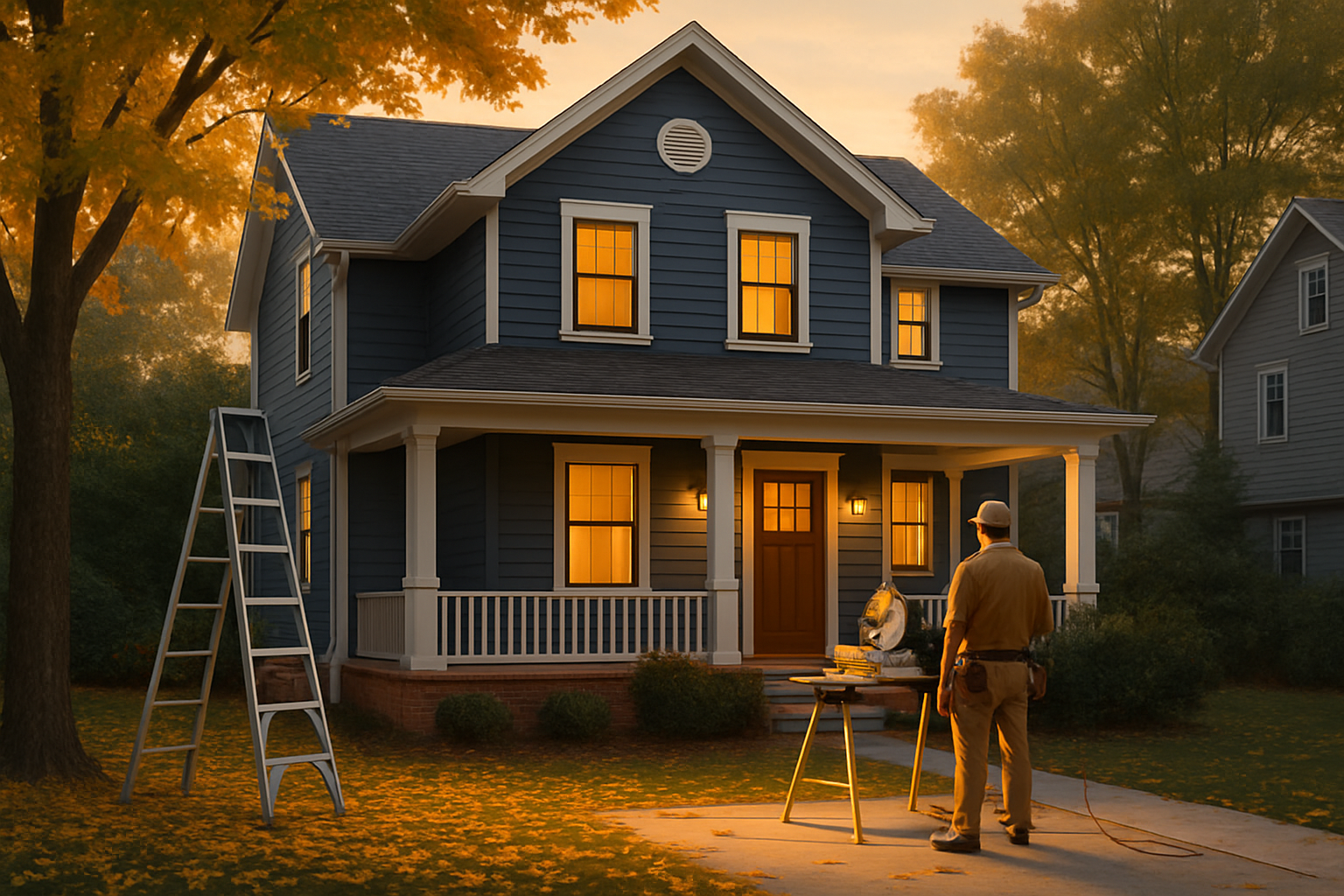 A Raleigh, North Carolina home in early fall with golden leaves on the lawn, a contractor’s ladder near the front porch, and warm evening light highlighting exterior lighting and a safe, tidy remodeling workspace