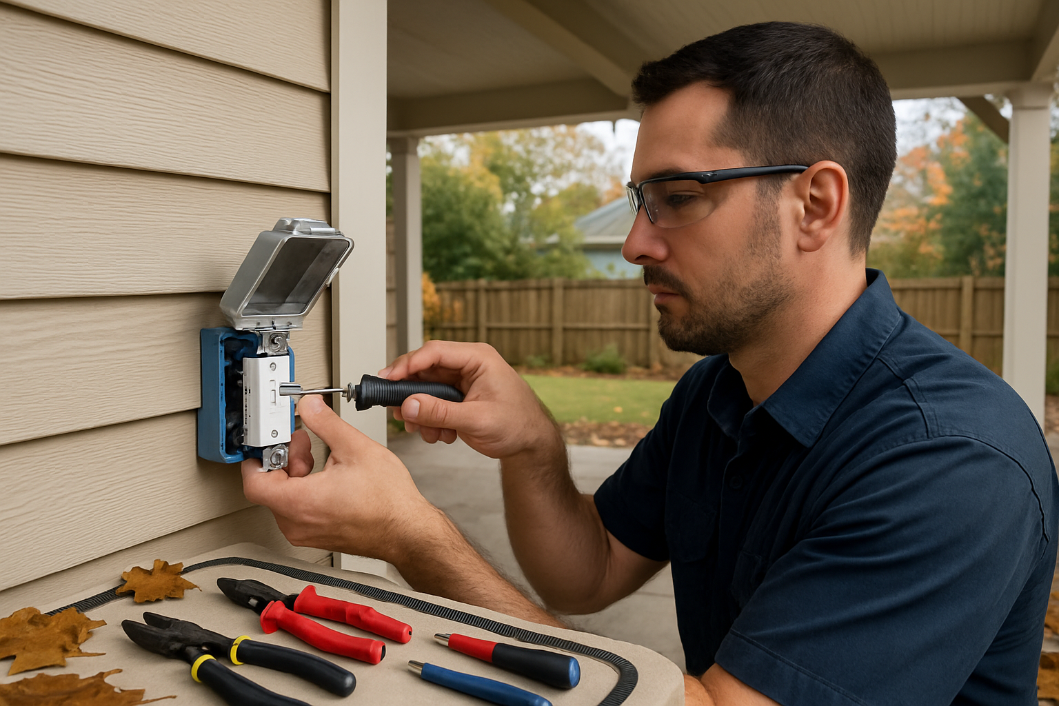 A licensed electrician wearing safety glasses installing a weather-resistant GFCI outlet on a covered backyard patio in Raleigh, with damp fall leaves nearby and tools neatly arranged on a work mat