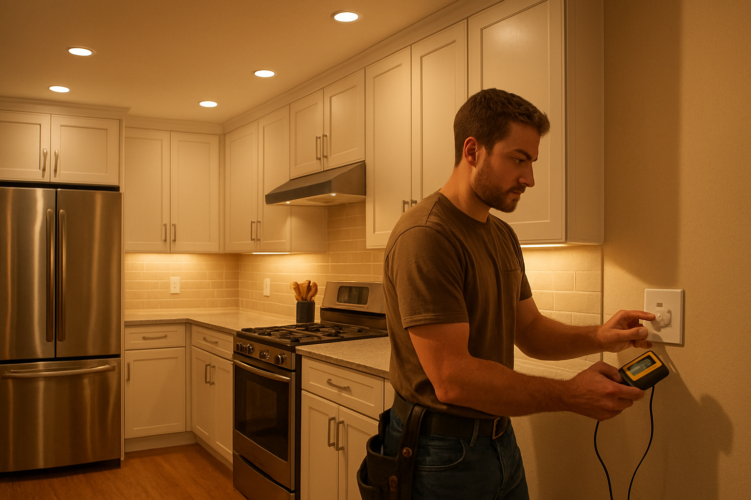 A remodeled Raleigh kitchen in warm fall evening light with new recessed LED lighting, under-cabinet lights illuminating countertops, clean white cabinets, and an electrician testing a dimmer switch