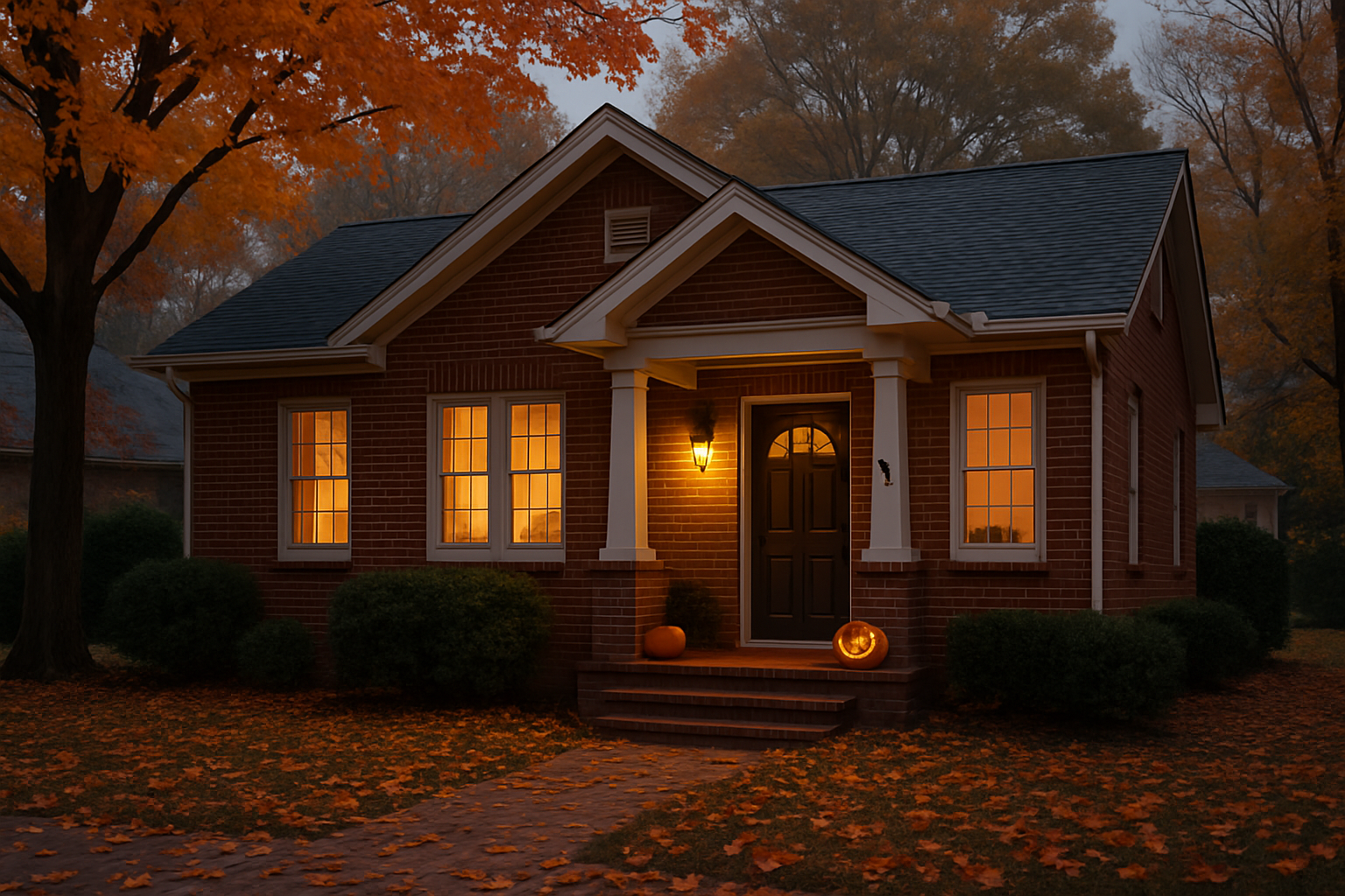 A cozy older Raleigh brick home in October with orange and red leaves scattered across the front yard, warm porch lights glowing at dusk, and subtle Halloween decorations near the entryway
