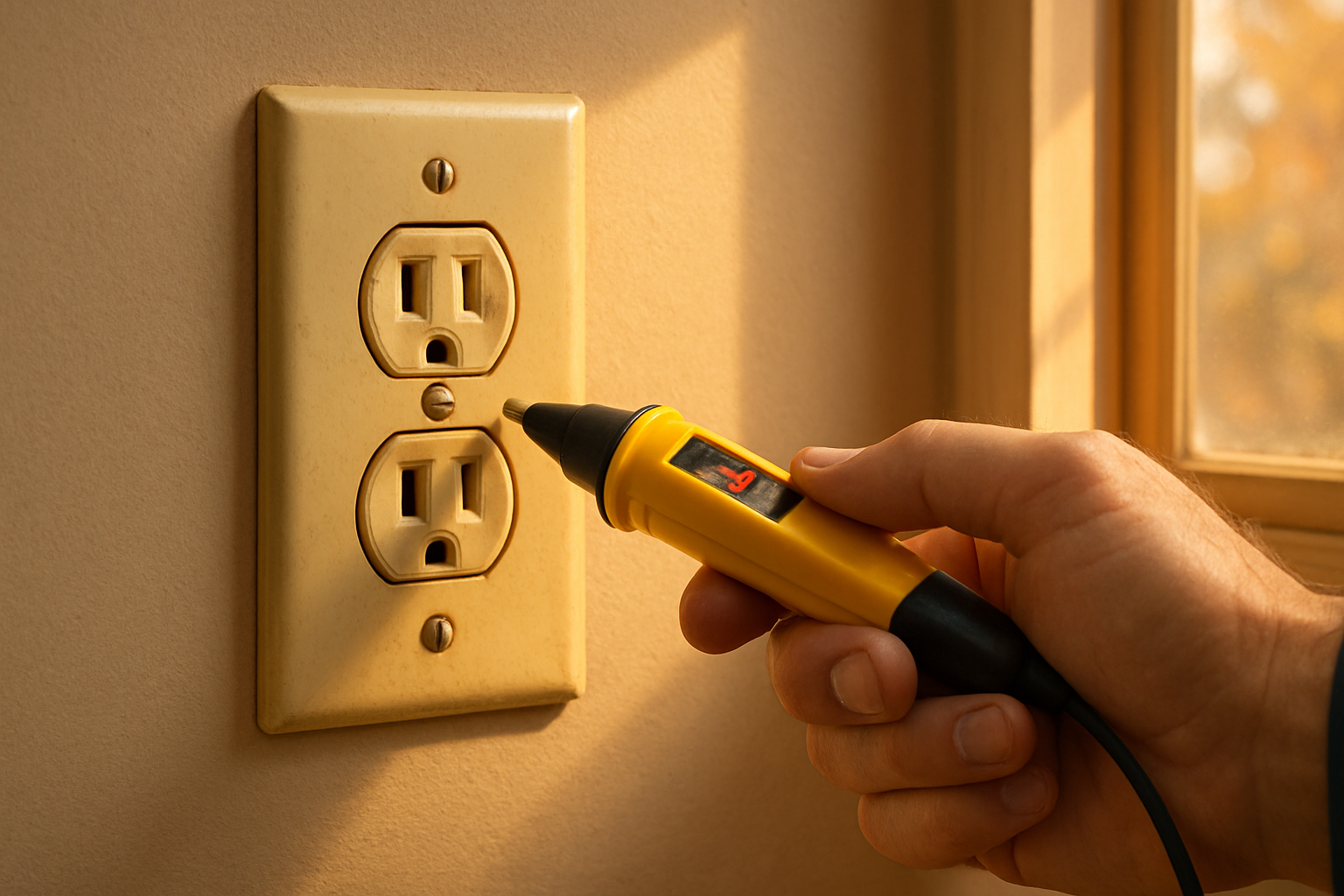 Close-up of an older wall outlet in a Raleigh home with a slightly discolored cover plate, warm autumn light coming through a nearby window, and a professional electrician’s voltage tester held nearby