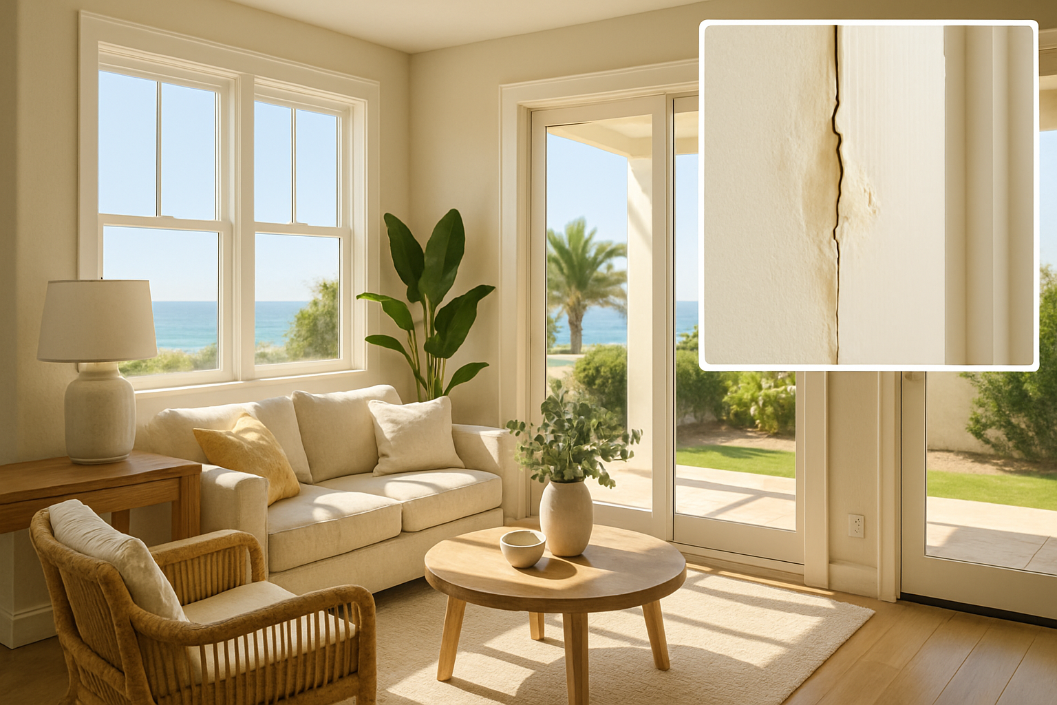 A bright Encinitas coastal home interior in August with sunlight coming through large windows, subtle ocean view in the background, and a close-up of a small drywall crack near a window frame showing early signs of moisture-related paint bubbling