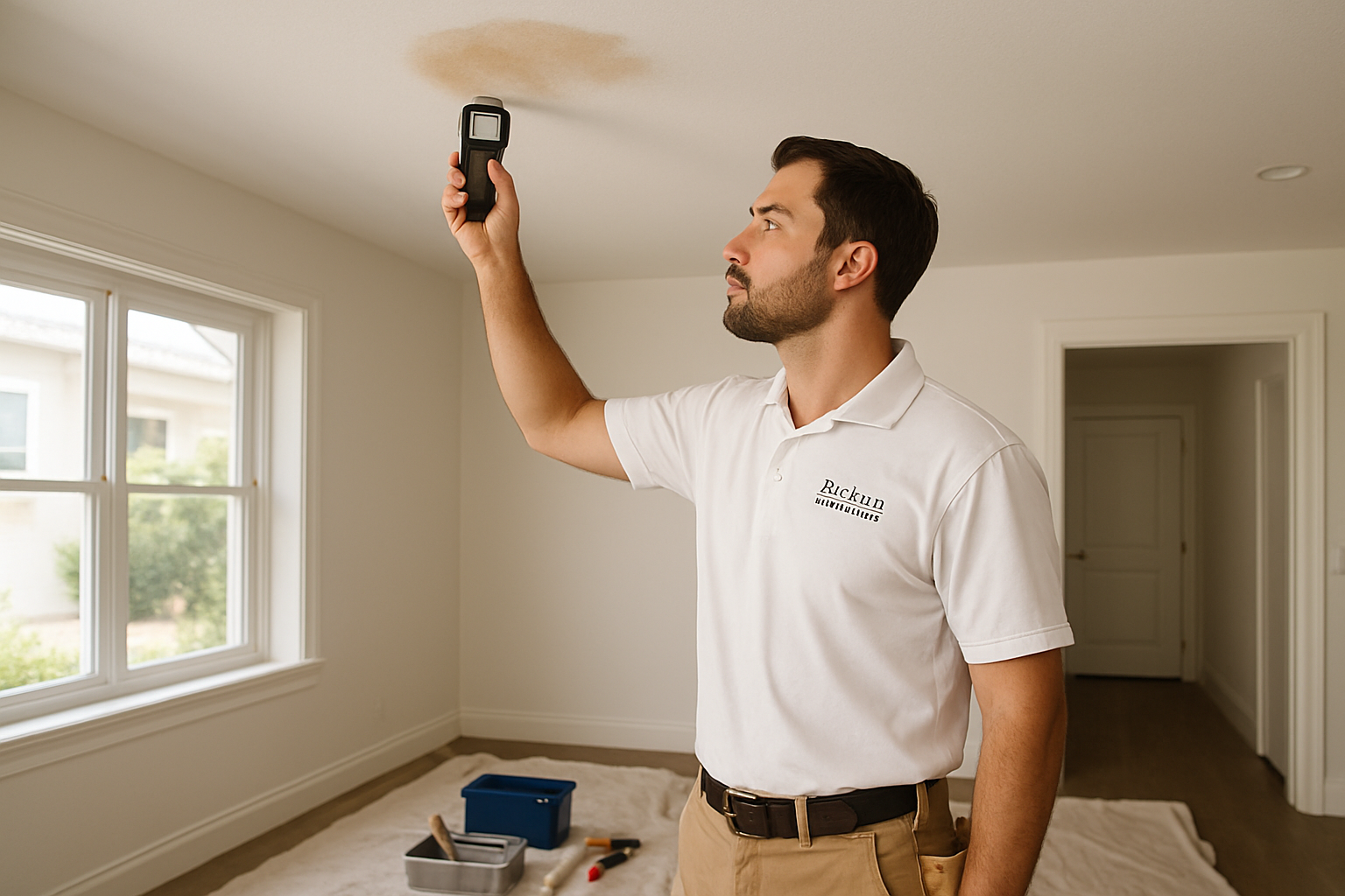 Professional drywall technician from Artisan Textures & Drywall Inc inspecting a lightly stained ceiling inside a clean Encinitas home, holding a moisture meter, with drop cloths and repair tools neatly arranged nearby