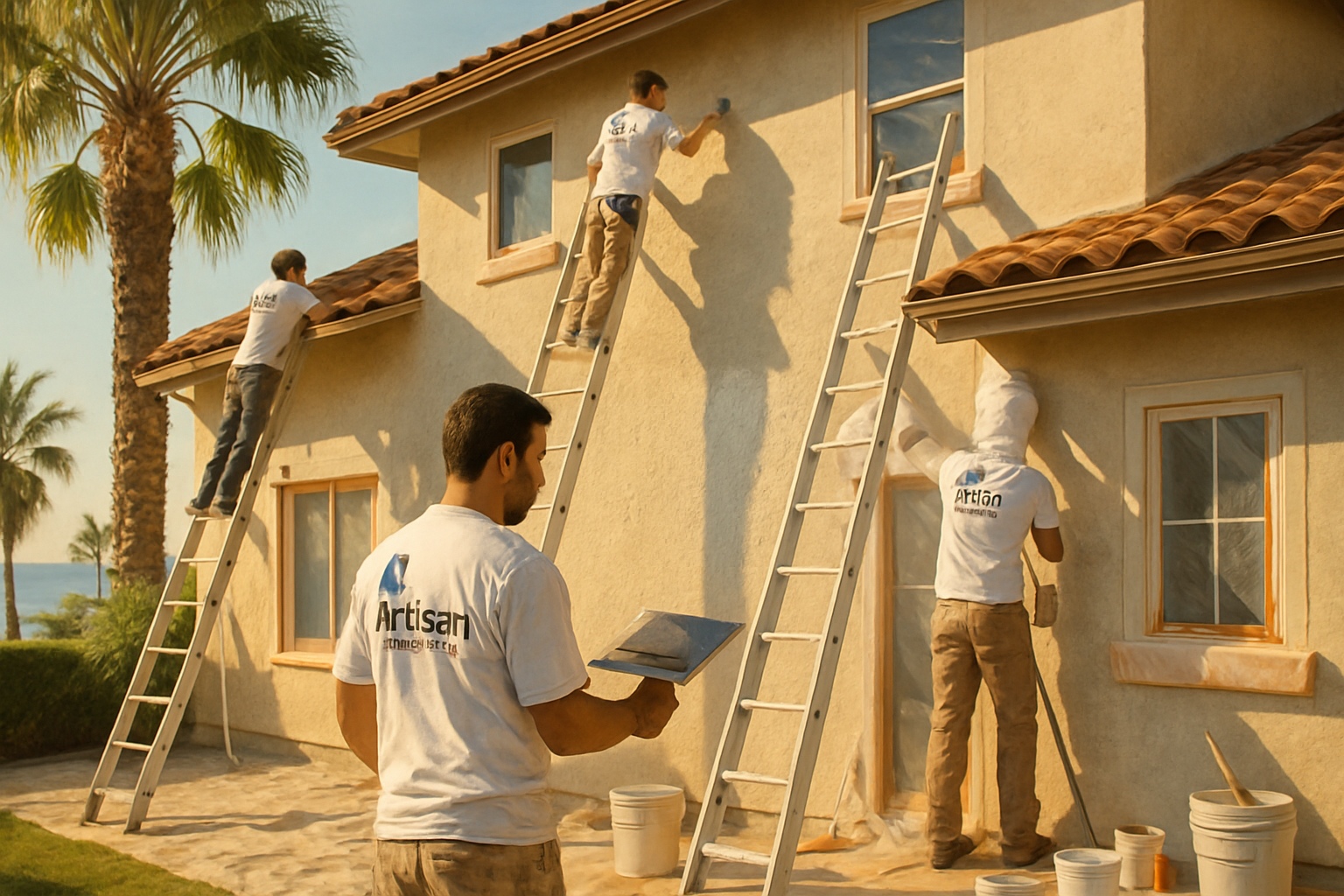[Professional exterior surface repair crew from Artisan Textures and Drywall working on a coastal Encinitas home, with ladders, clean masking, stucco texture tools, paint prep materials, and warm late-afternoon August sunlight]