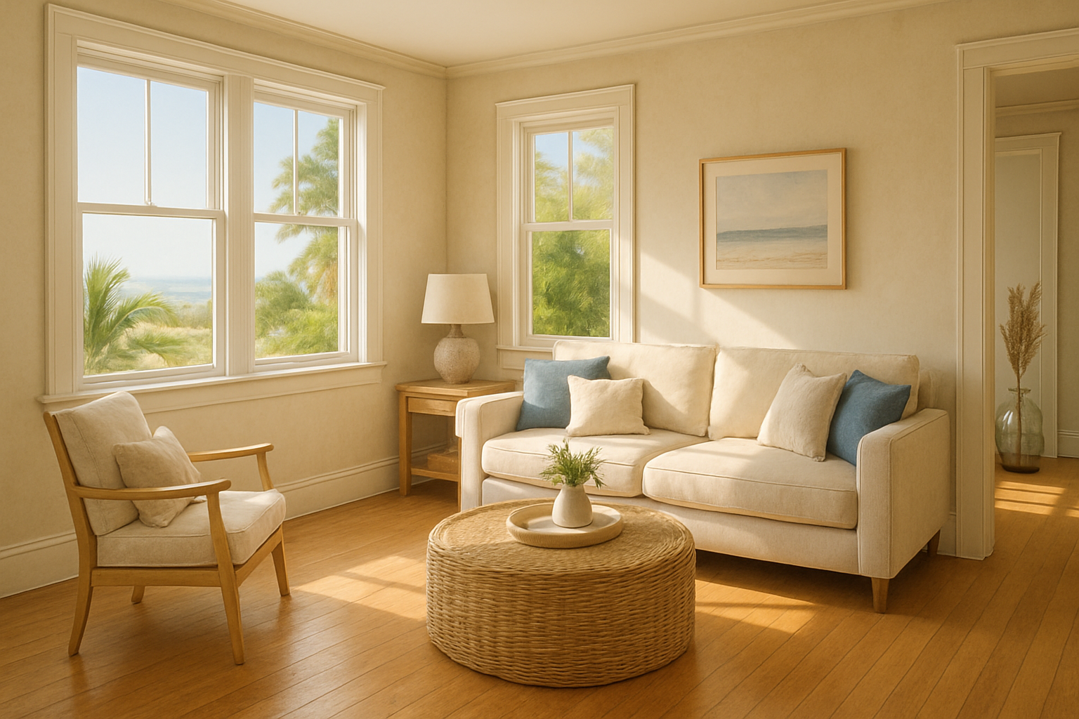 Bright Encinitas living room in August with coastal sunlight streaming through large windows, showing slightly faded interior walls, white trim, hardwood floors, and subtle beach-inspired decor