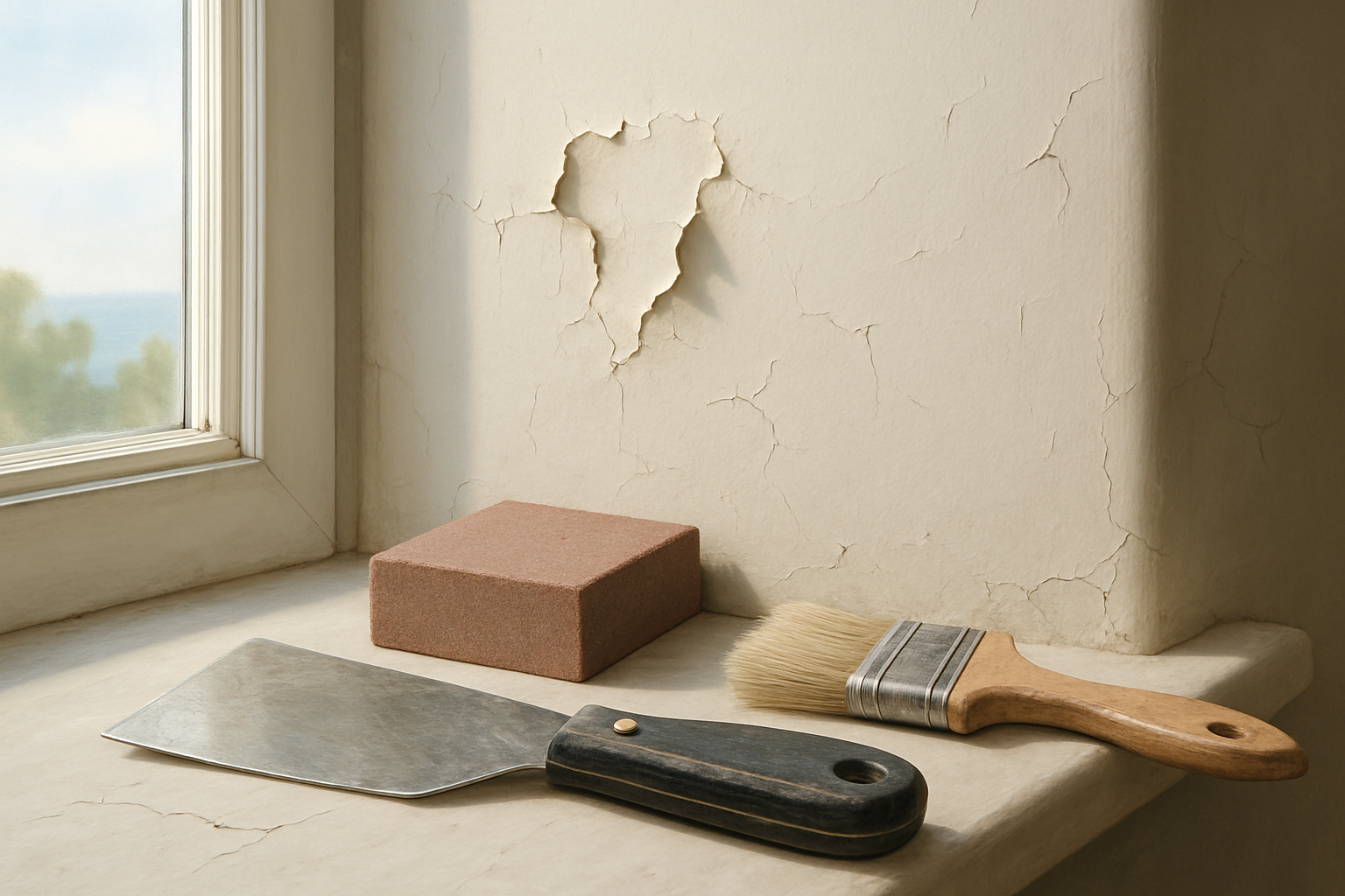 Close-up of an interior drywall surface with peeling paint and small cracks near a window, soft coastal daylight, painter’s tools and sanding block nearby, realistic home repair scene