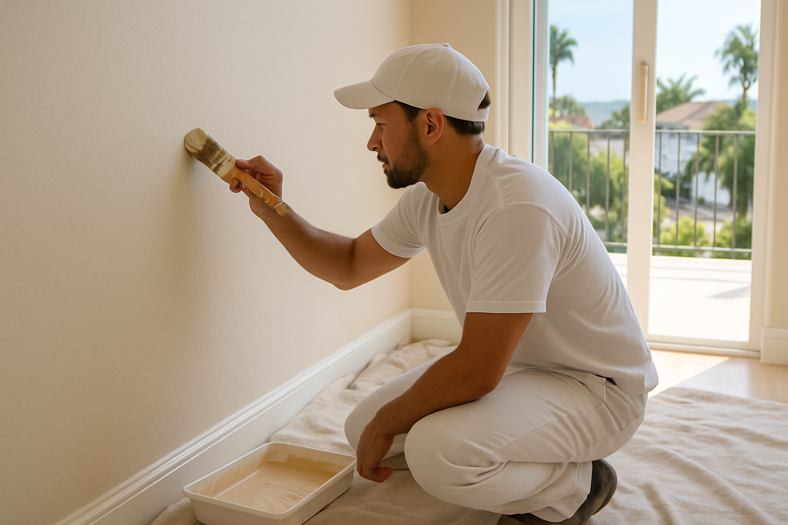 Professional painter from a local drywall and painting company carefully cutting in paint along a smooth textured interior wall in an Encinitas coastal home, drop cloths, paint tray, natural summer light, clean professional workspace
