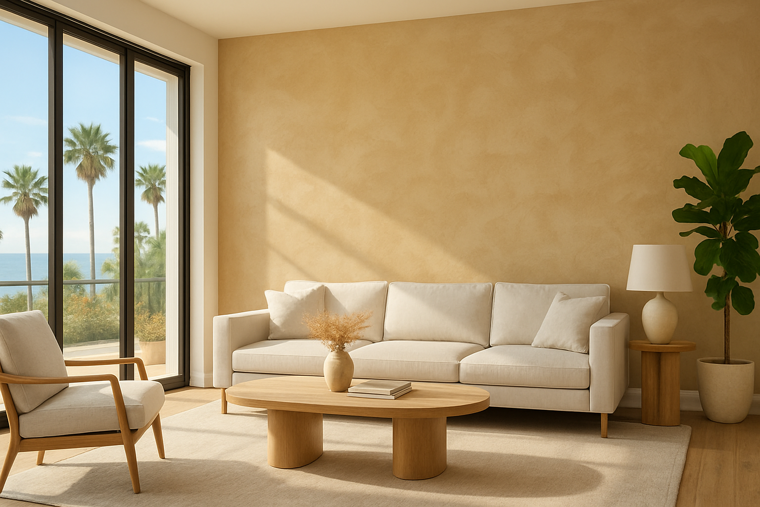 A bright modern Encinitas living room with large windows, soft September coastal sunlight, neutral furniture, and a smooth warm beige Venetian plaster accent wall behind a low-profile sofa, with subtle trowel movement visible in the finish