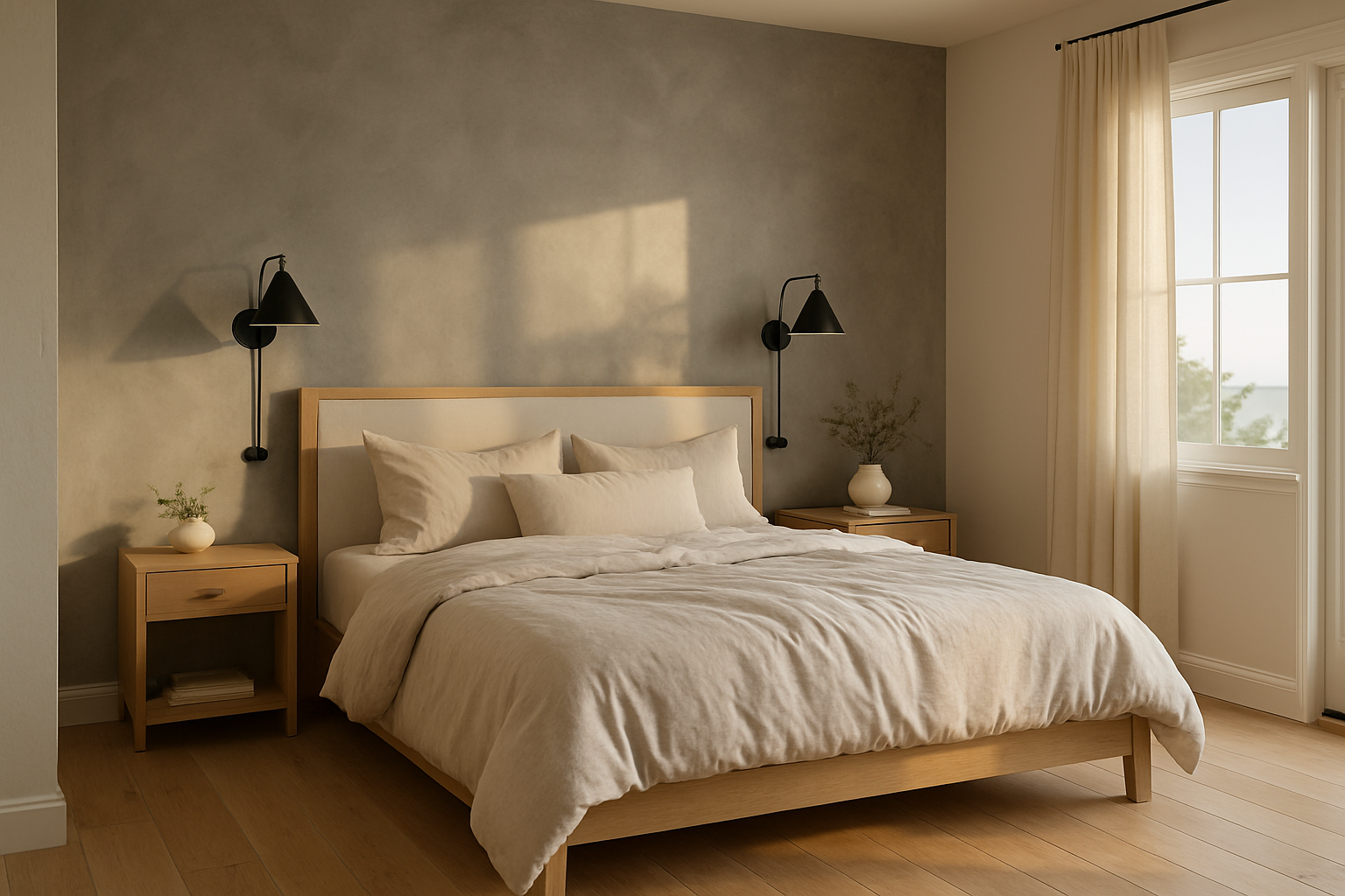 A contemporary coastal bedroom in Encinitas with white oak floors, linen bedding, black metal sconces, and a smooth gray micro cement accent wall behind the bed, styled with minimal decor and warm late-summer evening light